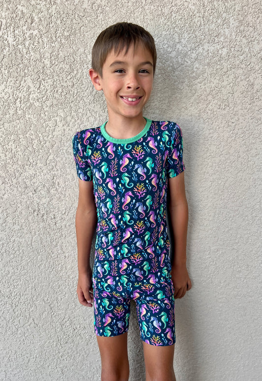 “Seahorse Lagoon” Two-Piece Pajamas Short Sleeved and Shorts
