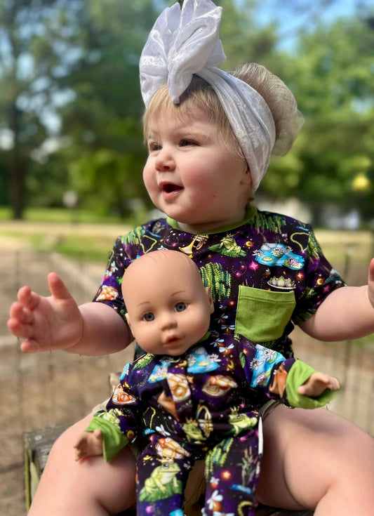 “Fireflies & Frog Kisses” Doll Romper