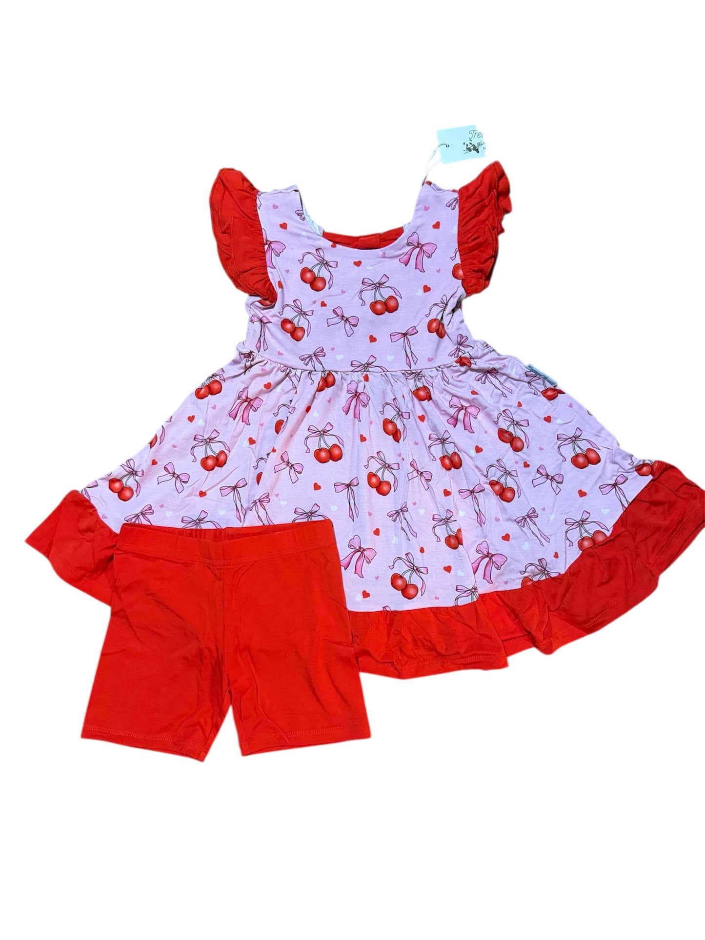 “Cherry Bow Bliss” Twirl with Bow Back and Biker Shorts Set