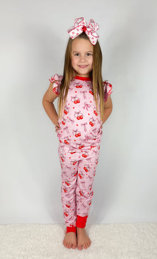 “Cherry Bow Bliss” Two-Piece Pajamas