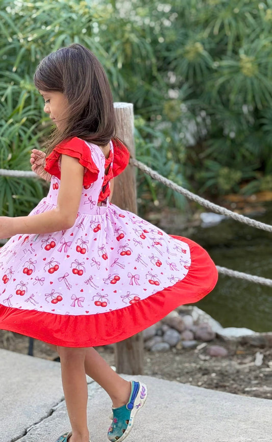 “Cherry Bow Bliss” Twirl with Bow Back and Biker Shorts Set