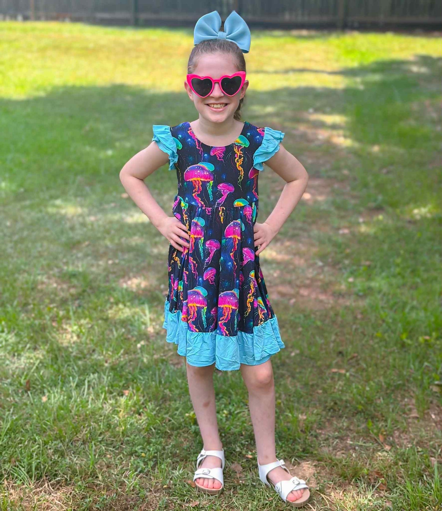 Jellyfish Glow Twirl with Bow Back and Biker Shorts Set