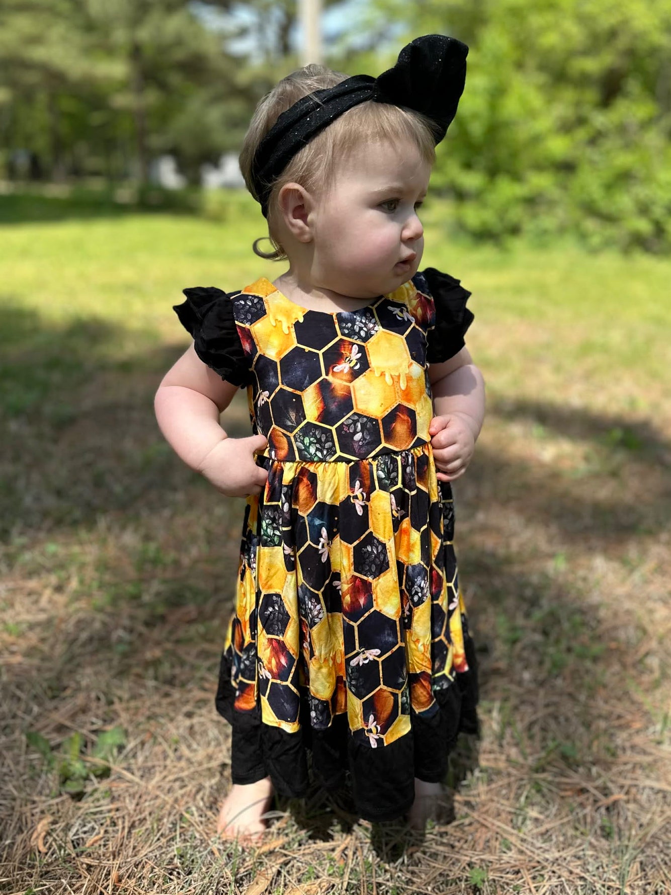 "Bee Happy" Twirl with Bow Back and Biker Shorts Set