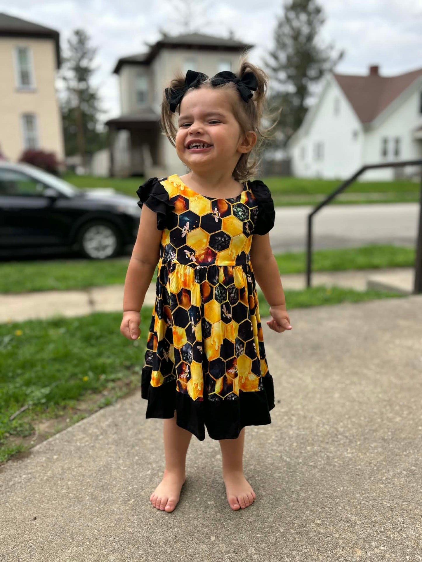 "Bee Happy" Twirl with Bow Back and Biker Shorts Set
