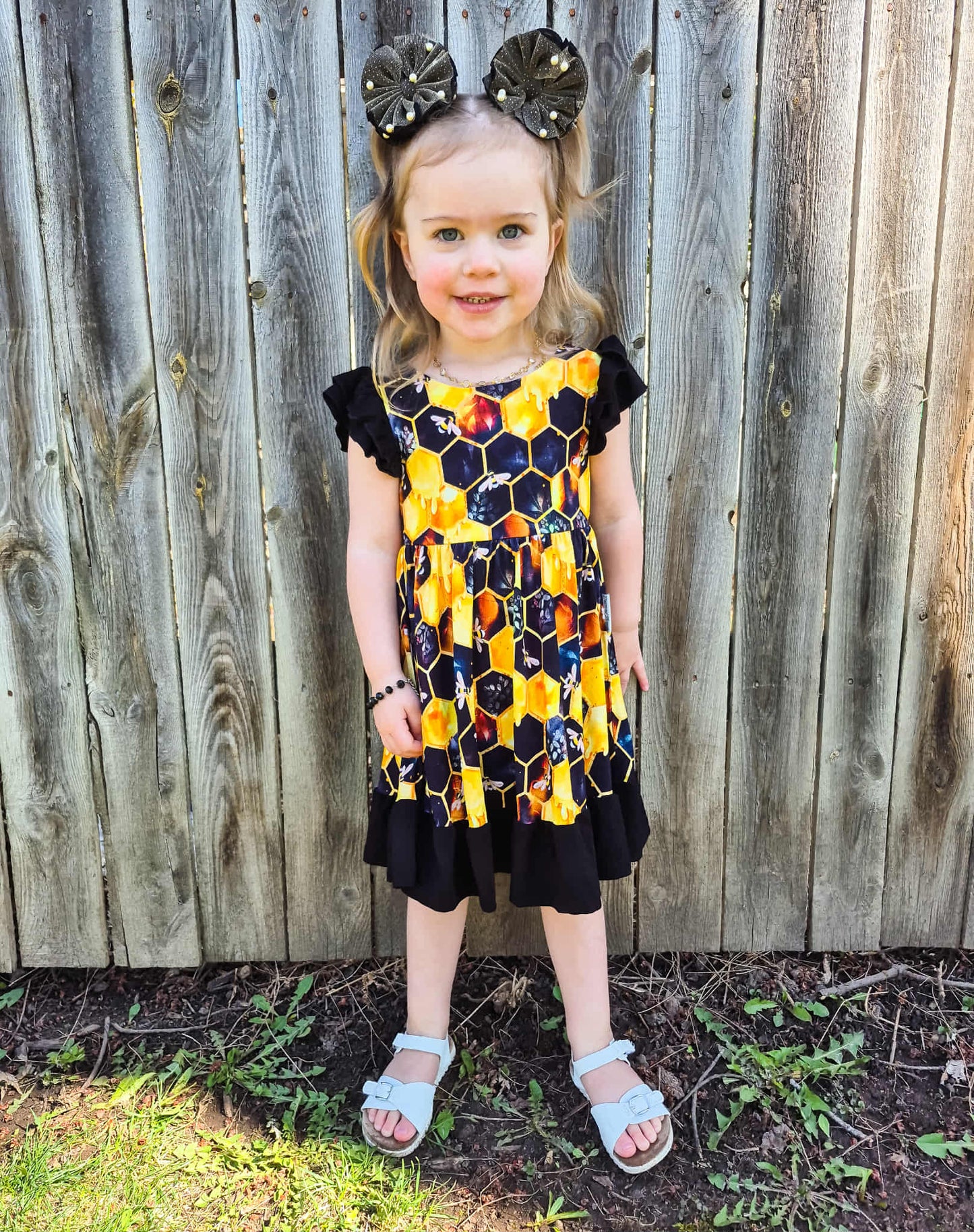 "Bee Happy" Twirl with Bow Back and Biker Shorts Set