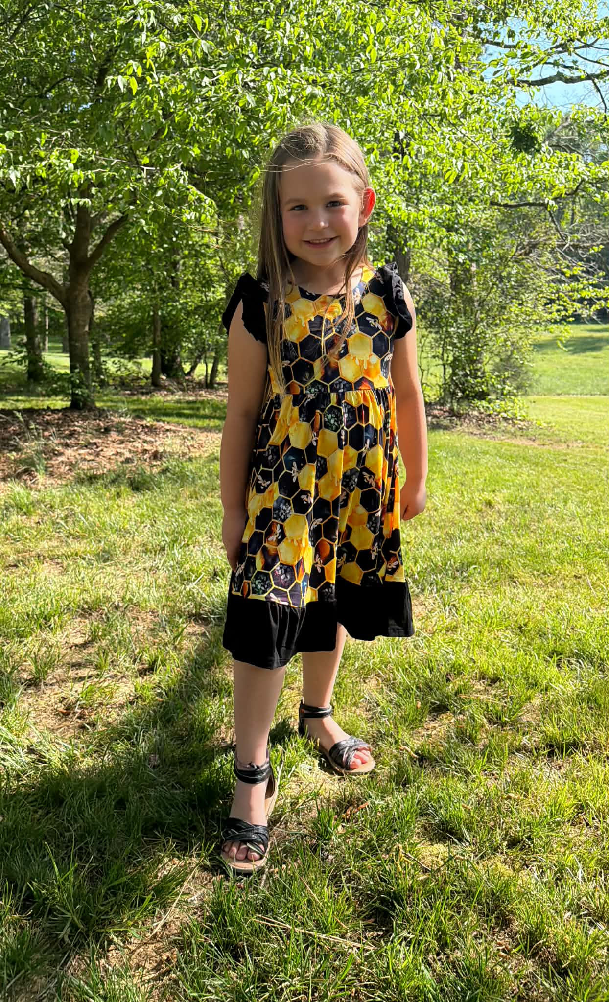 "Bee Happy" Twirl with Bow Back and Biker Shorts Set