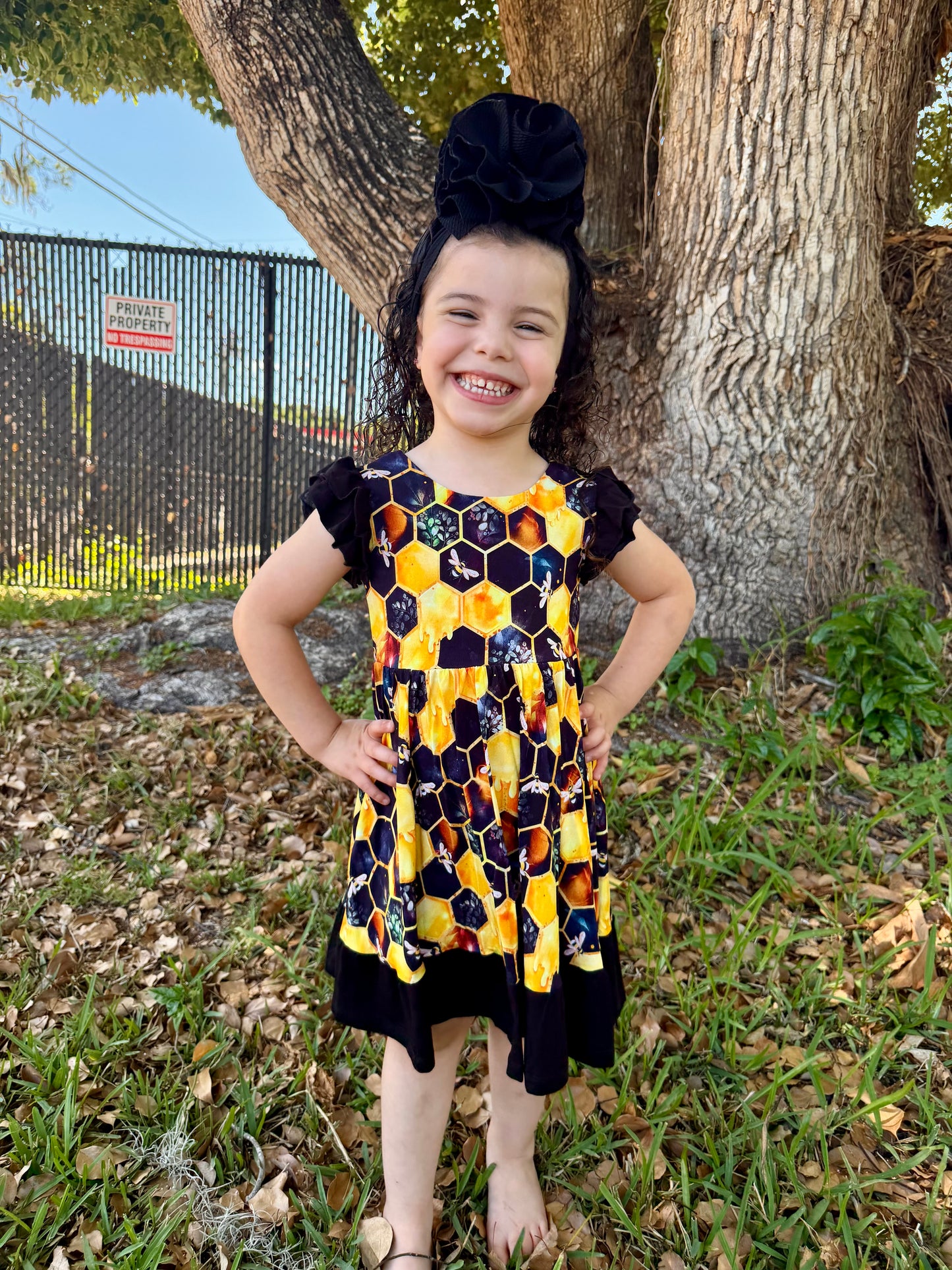 "Bee Happy" Twirl with Bow Back and Biker Shorts Set