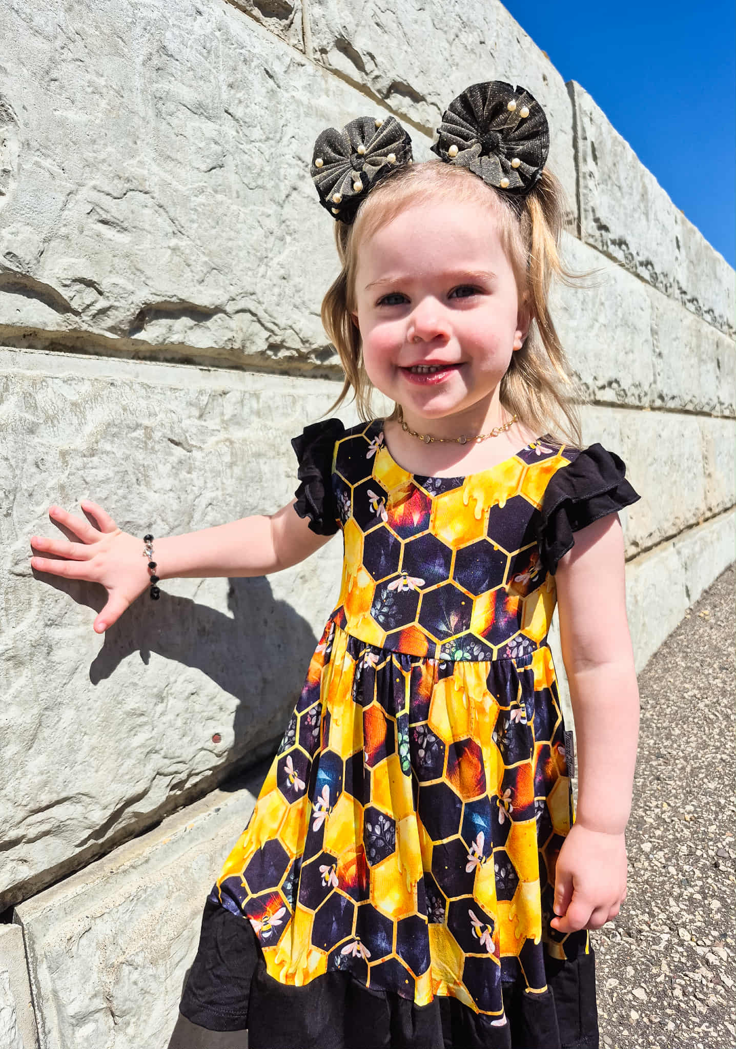 "Bee Happy" Twirl with Bow Back and Biker Shorts Set