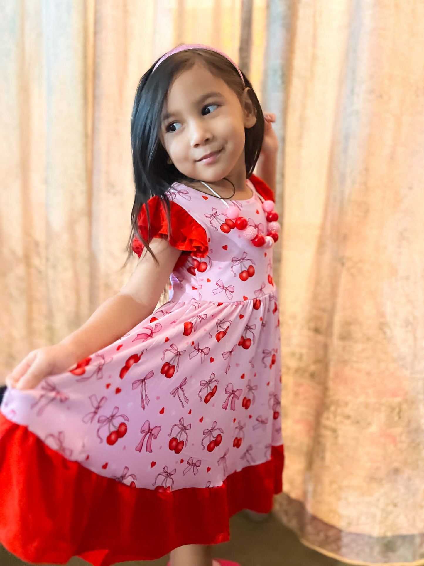 “Cherry Bow Bliss” Twirl with Bow Back and Biker Shorts Set