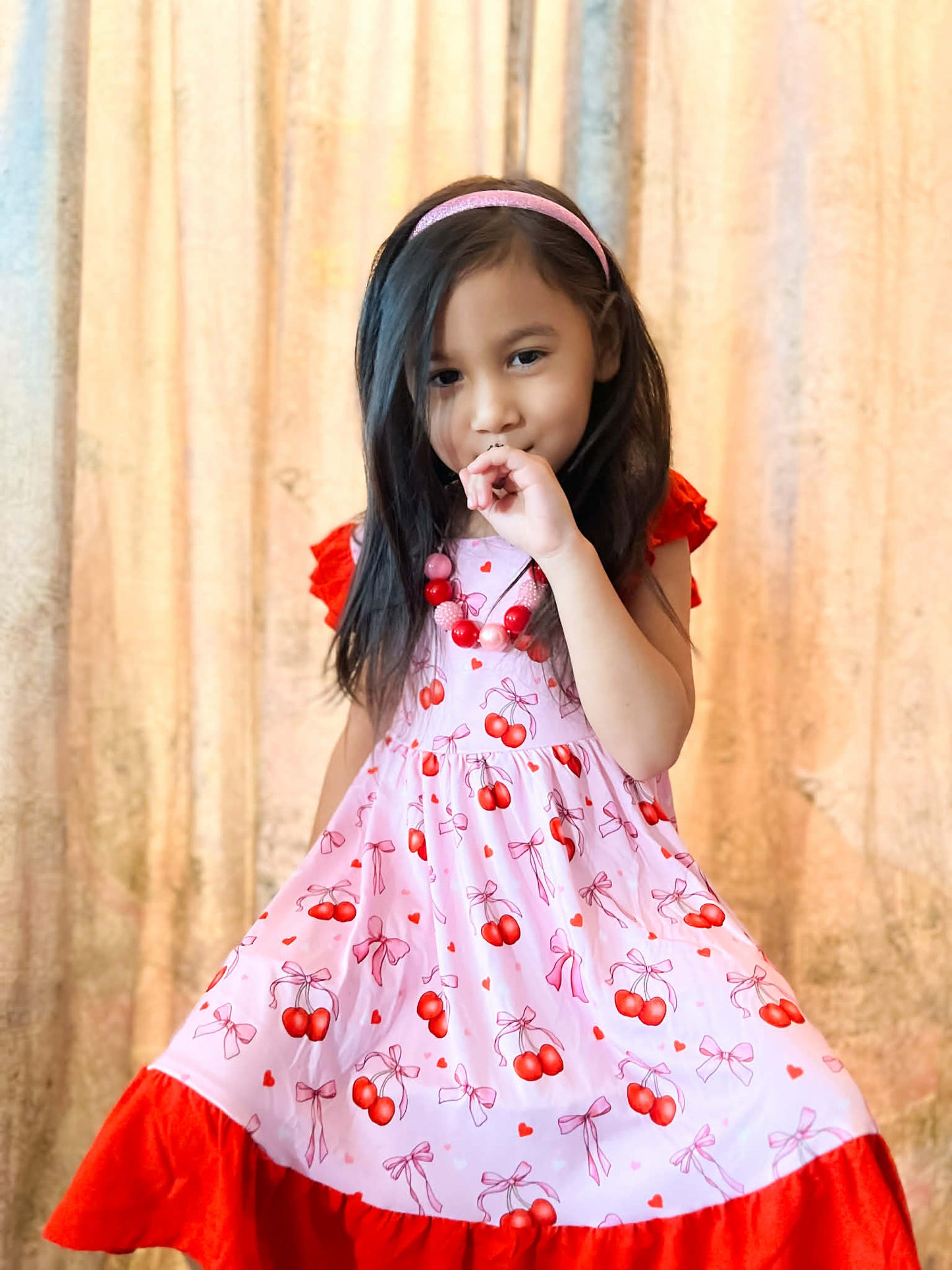 “Cherry Bow Bliss” Twirl with Bow Back and Biker Shorts Set