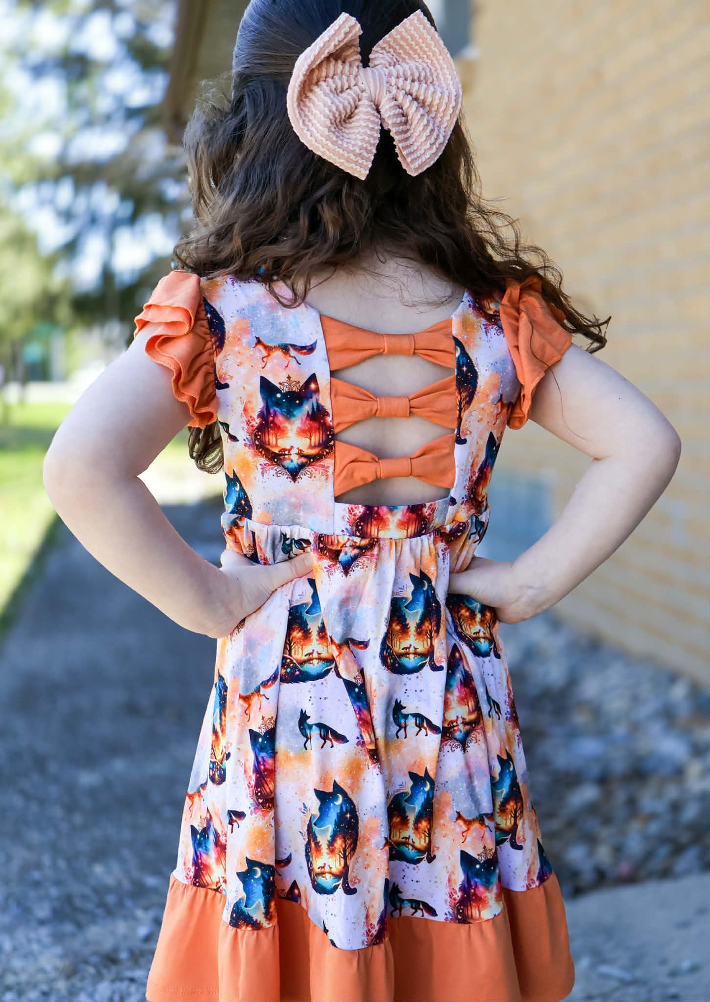 “Whimsical Foxes” Twirl with Bow Back and Biker Shorts Set