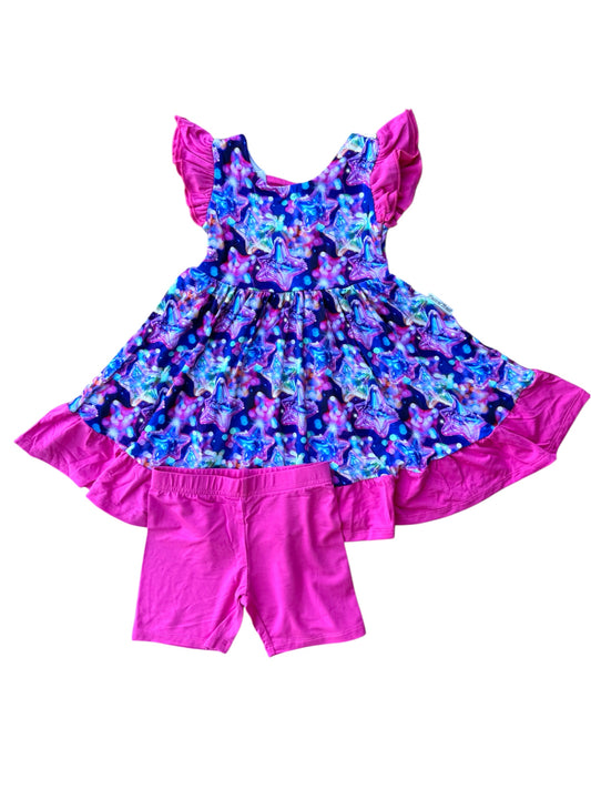 “Cosmic Burst” Twirl with Bow Back and Biker Shorts Set