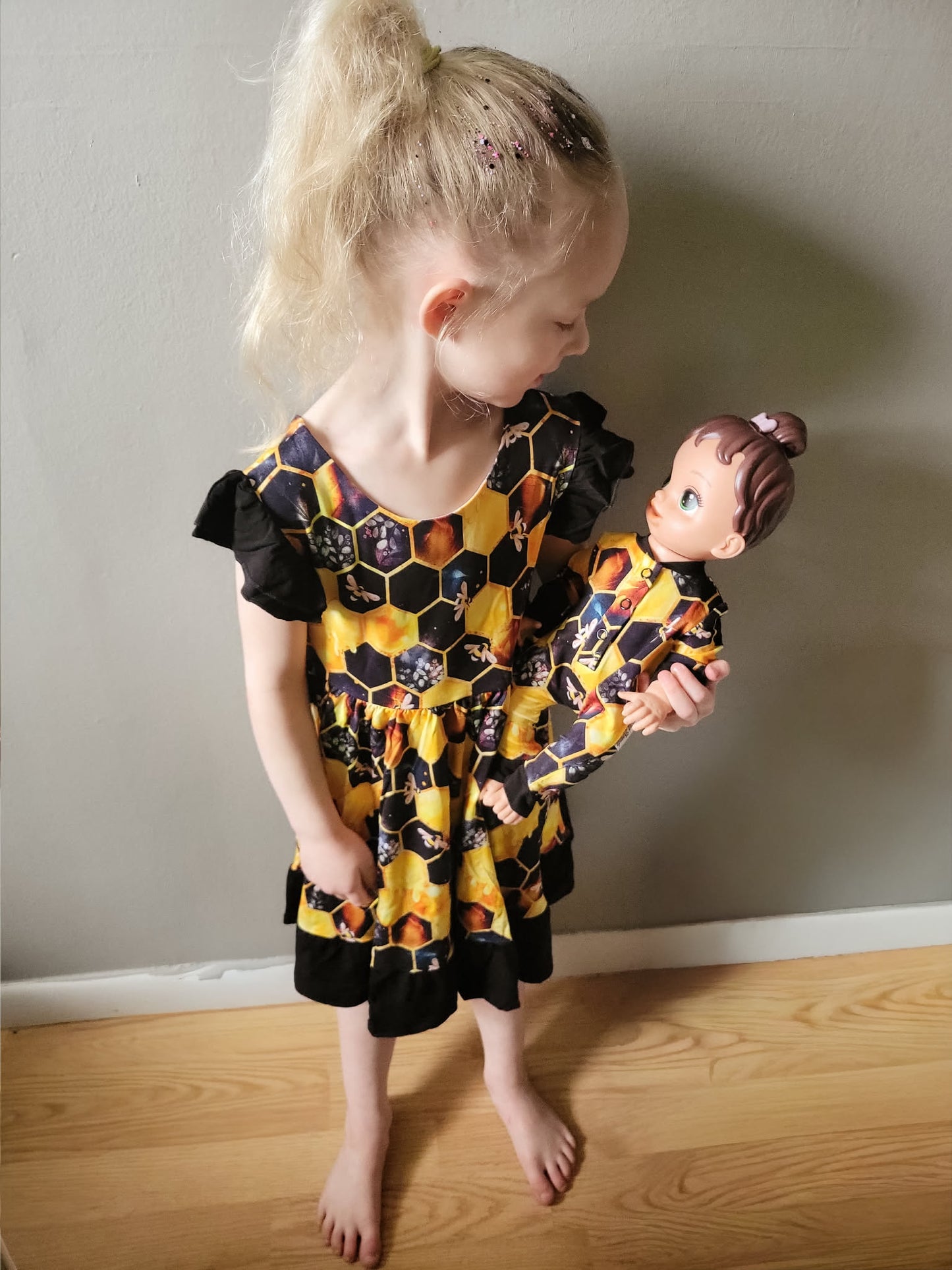 "Bee Happy" Twirl with Bow Back and Biker Shorts Set