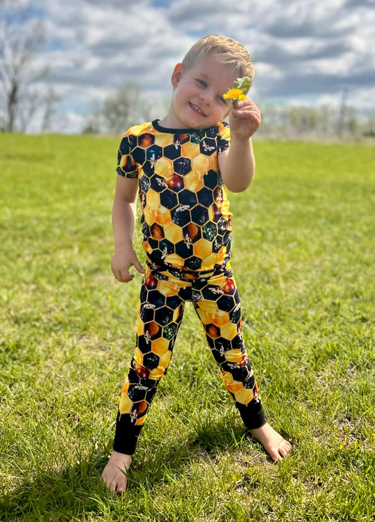"Bee Happy" Two-Piece Pajamas Short Sleeved and Pants