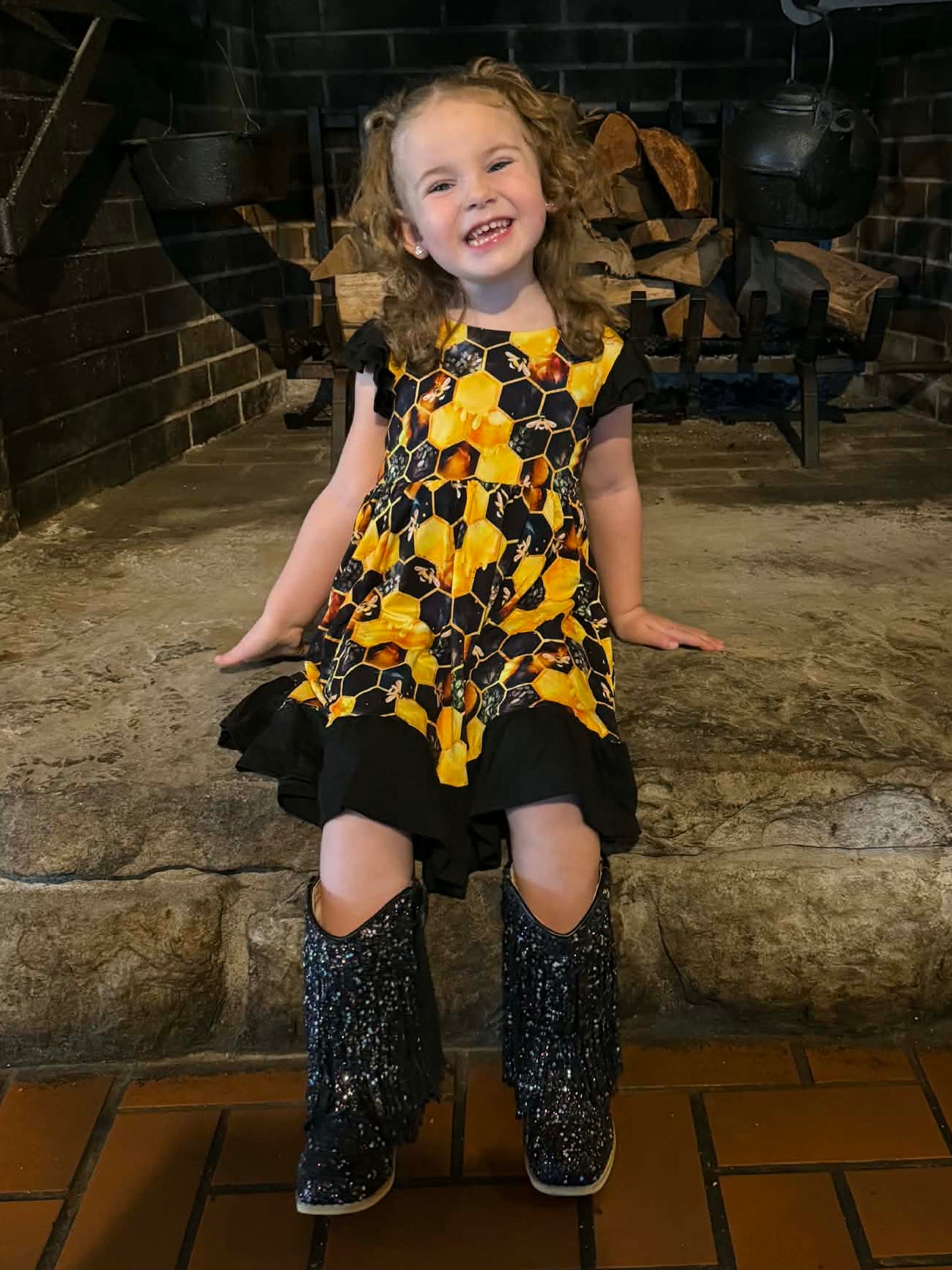 "Bee Happy" Twirl with Bow Back and Biker Shorts Set