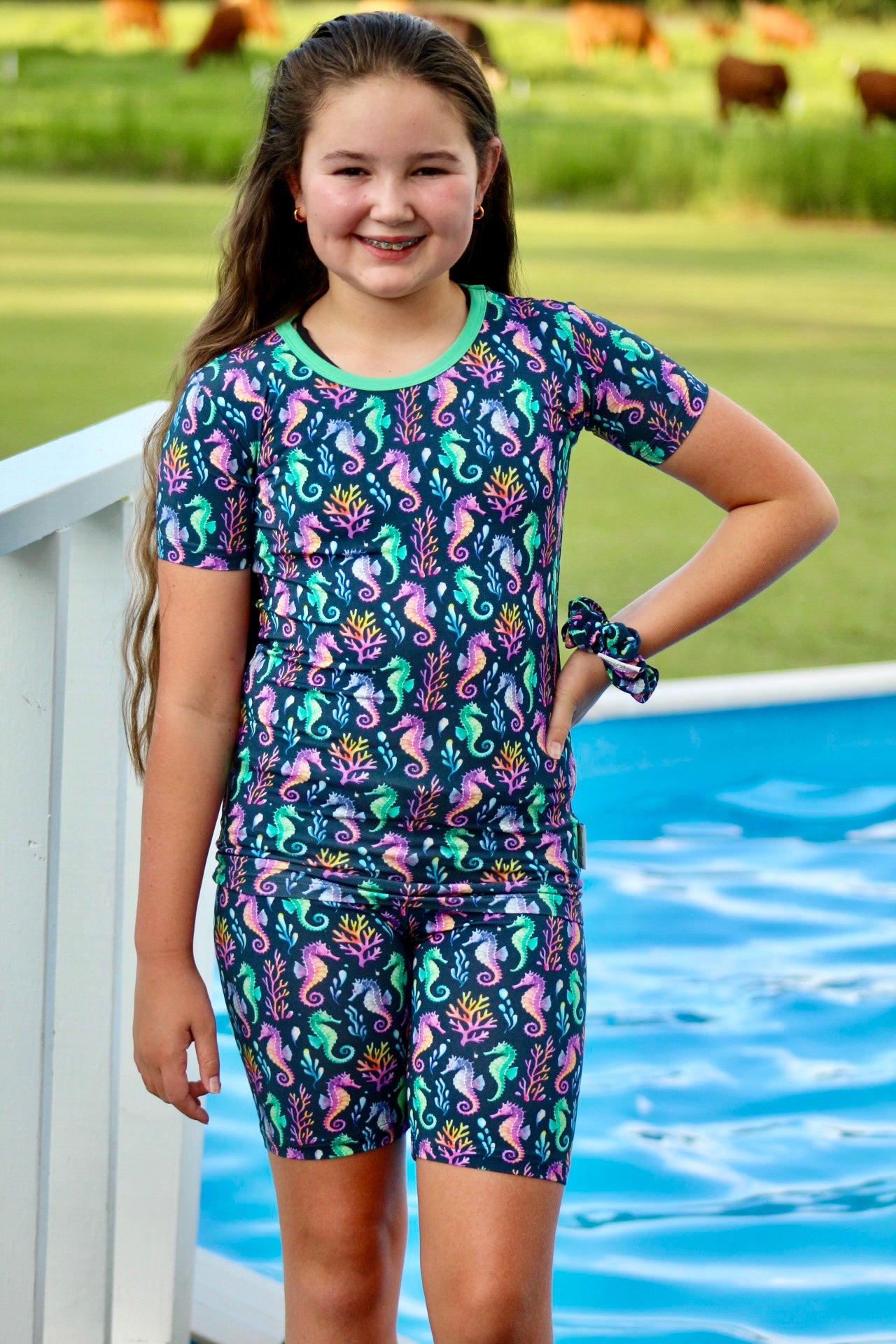 “Seahorse Lagoon” Two-Piece Pajamas Short Sleeved and Shorts