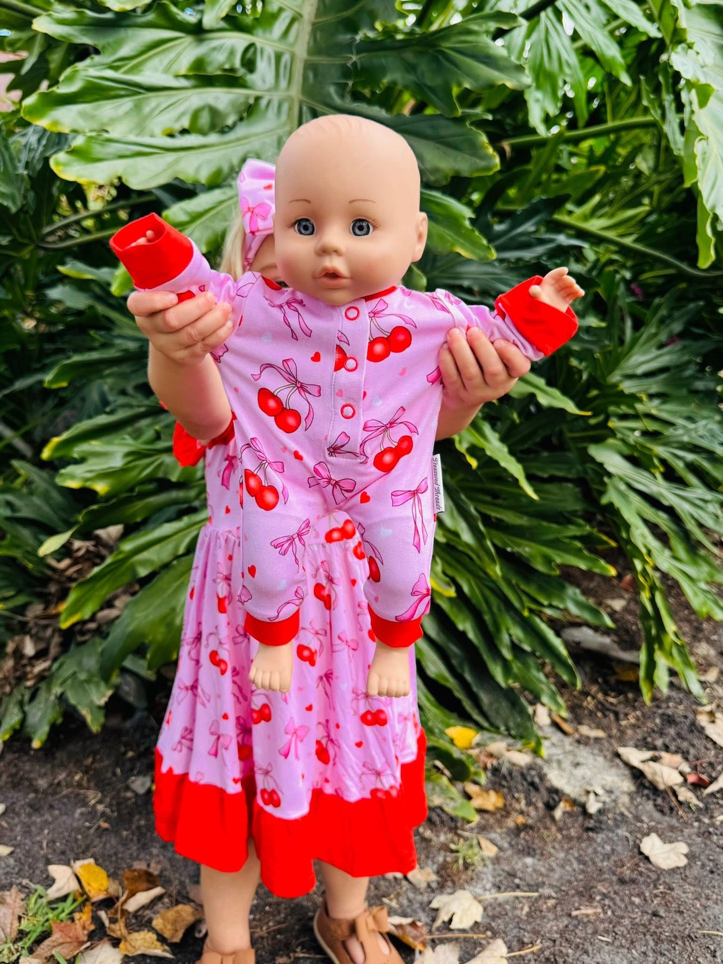 “Cherry Bow Bliss” Doll Romper