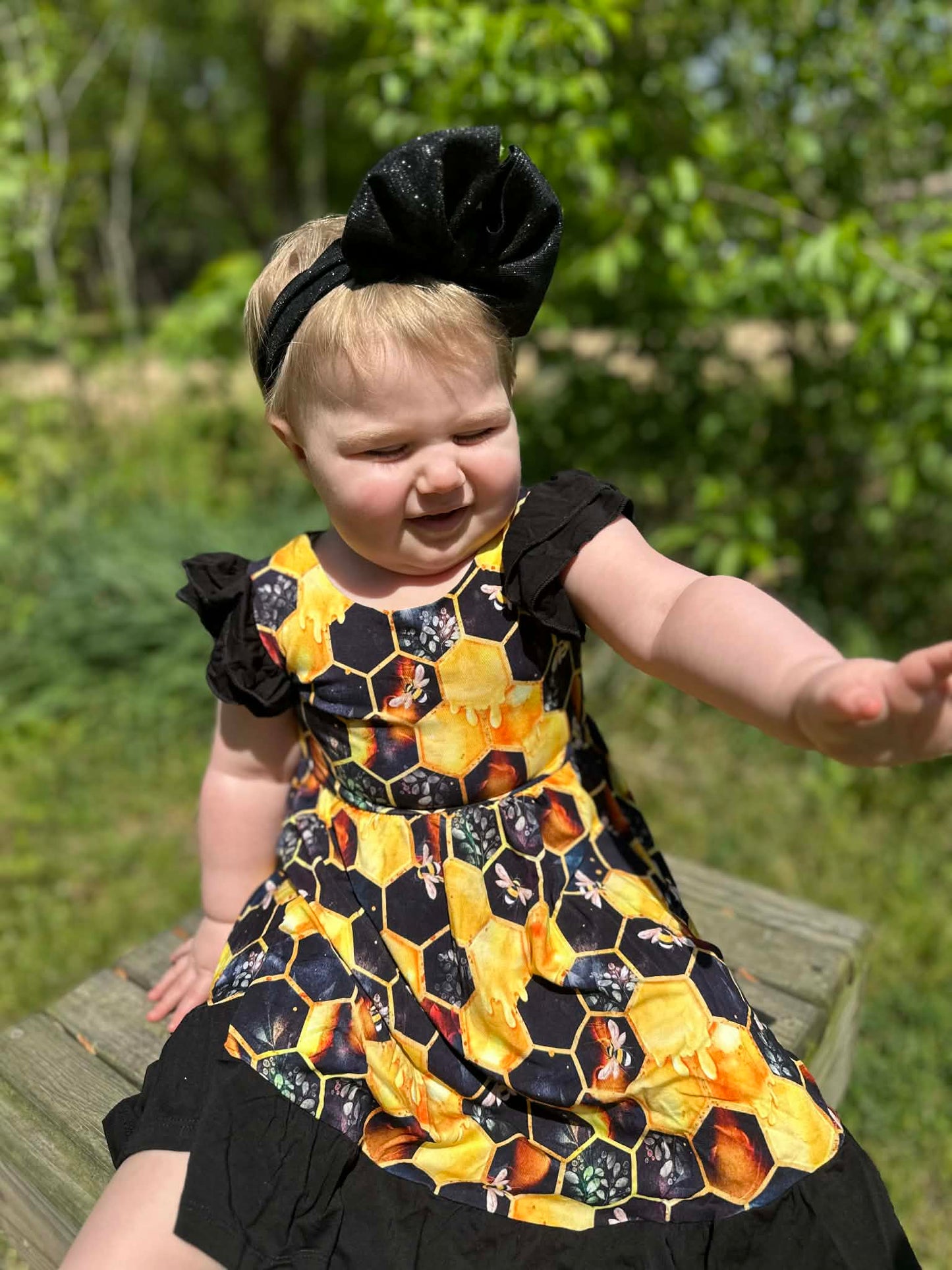 "Bee Happy" Twirl with Bow Back and Biker Shorts Set