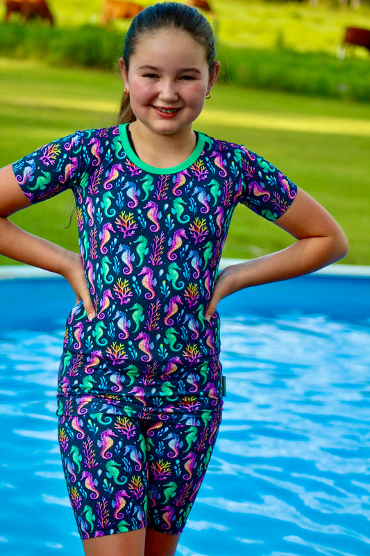 “Seahorse Lagoon” Two-Piece Pajamas Short Sleeved and Shorts