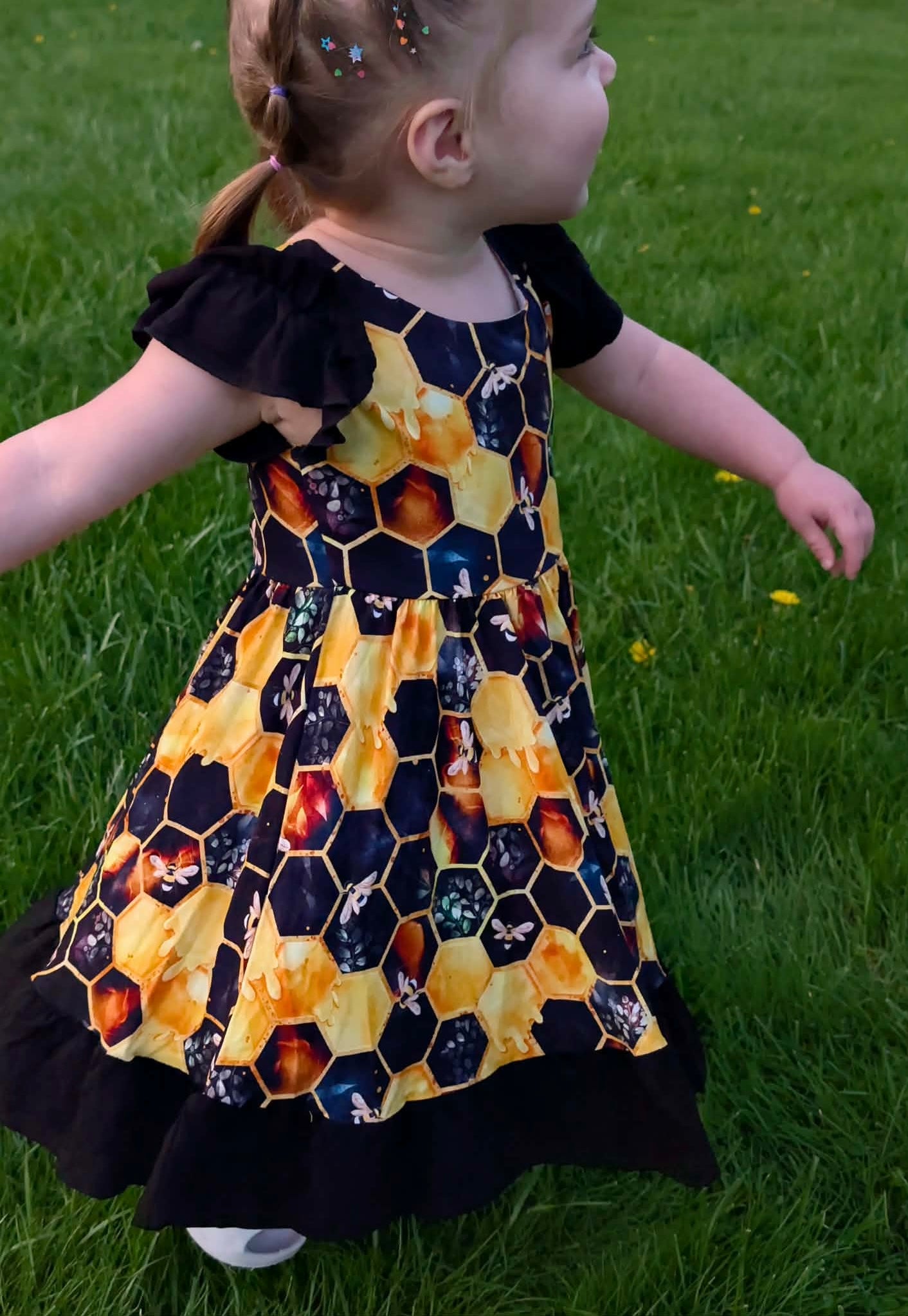 "Bee Happy" Twirl with Bow Back and Biker Shorts Set