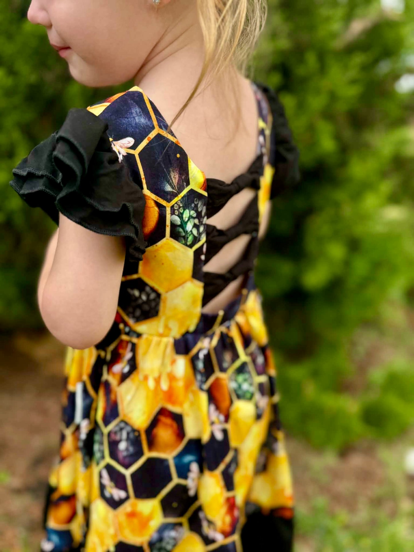 "Bee Happy" Twirl with Bow Back and Biker Shorts Set
