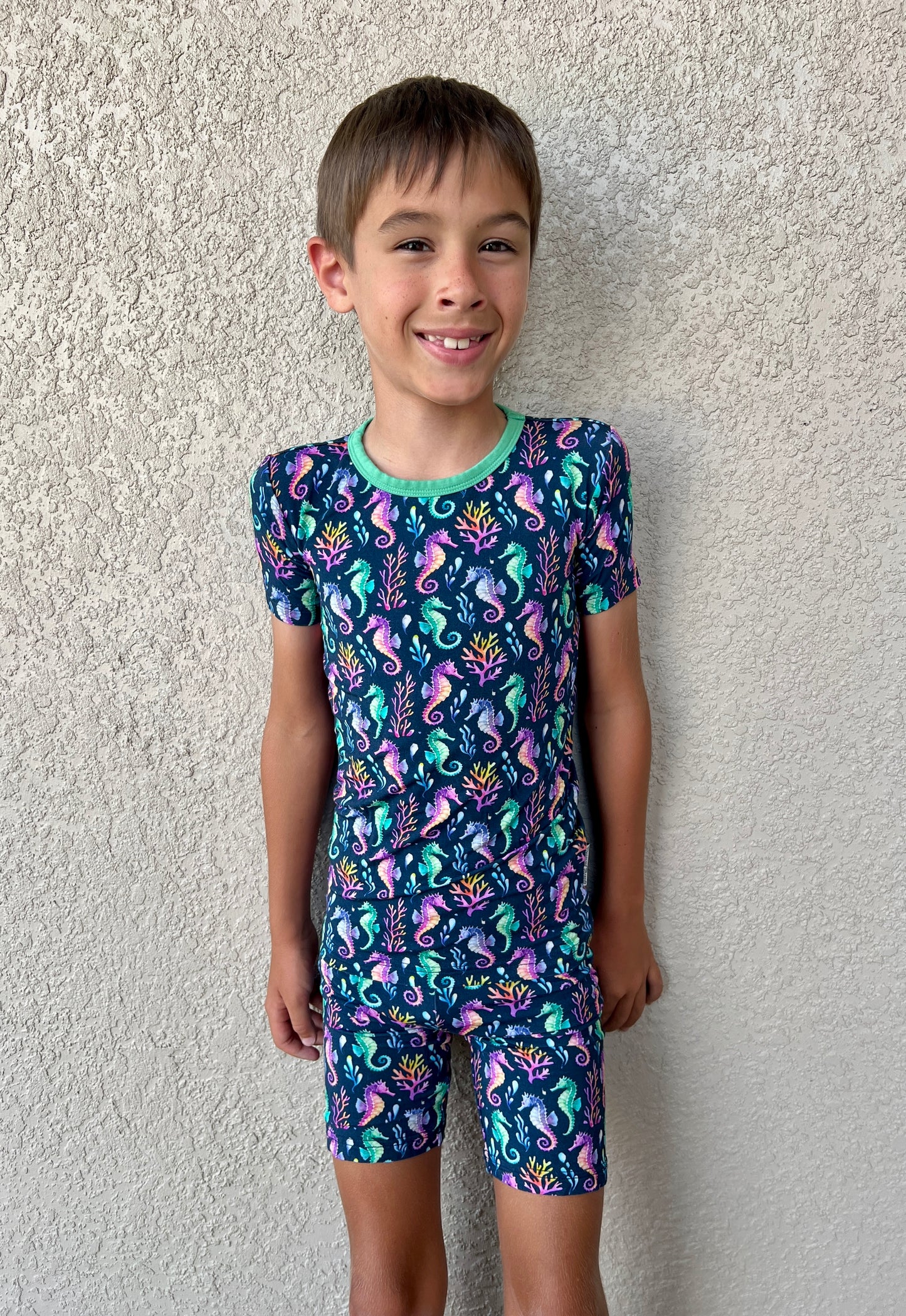 “Seahorse Lagoon” Two-Piece Pajamas Short Sleeved and Shorts
