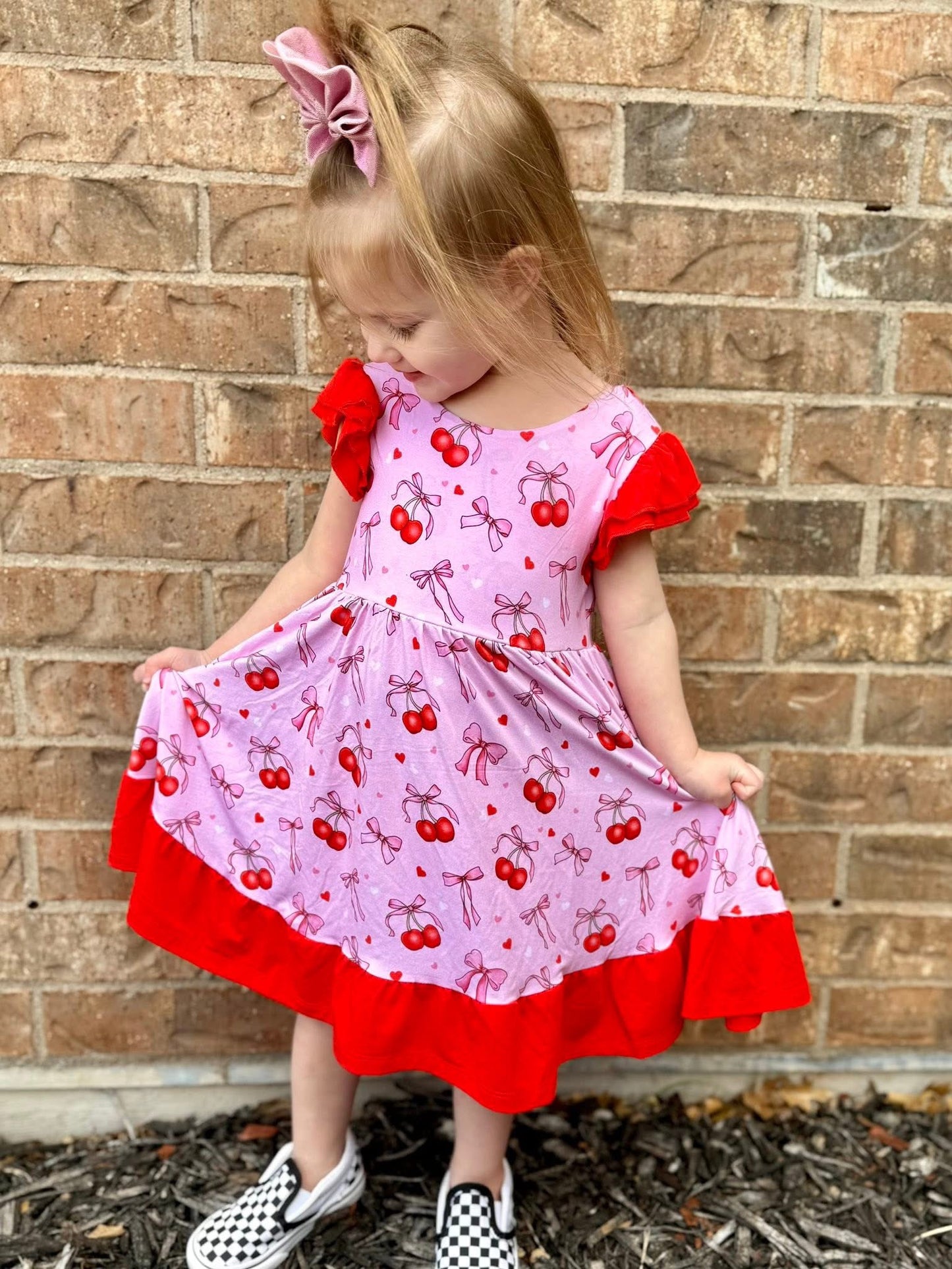 “Cherry Bow Bliss” Twirl with Bow Back and Biker Shorts Set