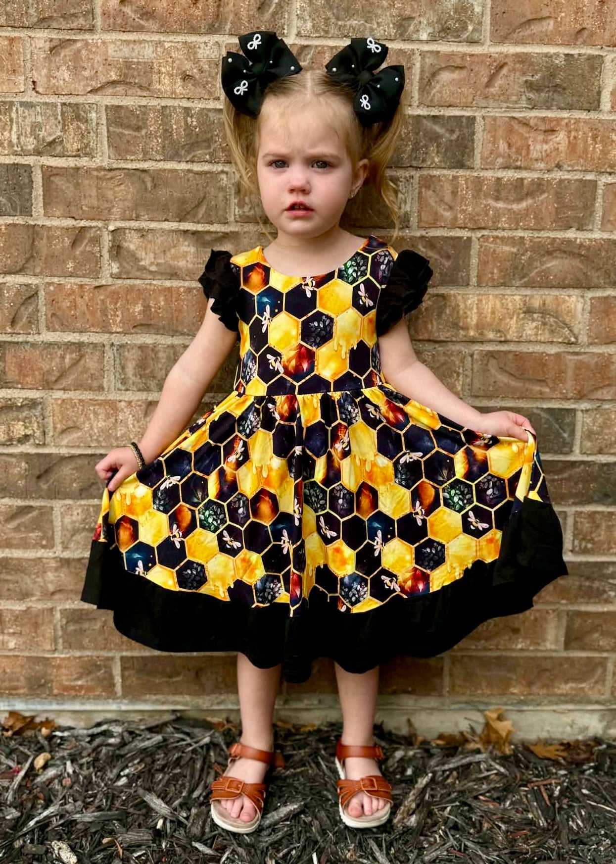 "Bee Happy" Twirl with Bow Back and Biker Shorts Set