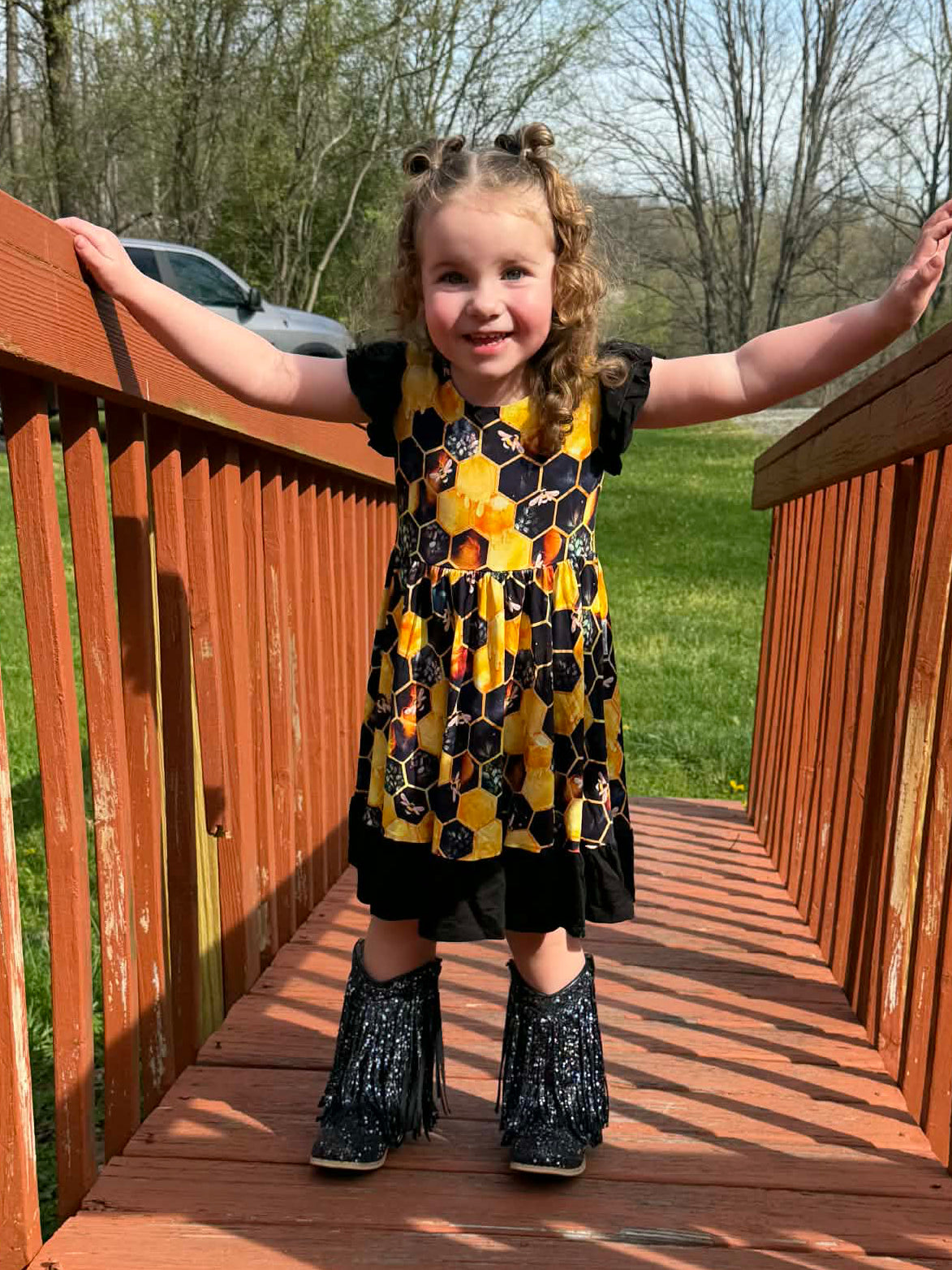 "Bee Happy" Twirl with Bow Back and Biker Shorts Set