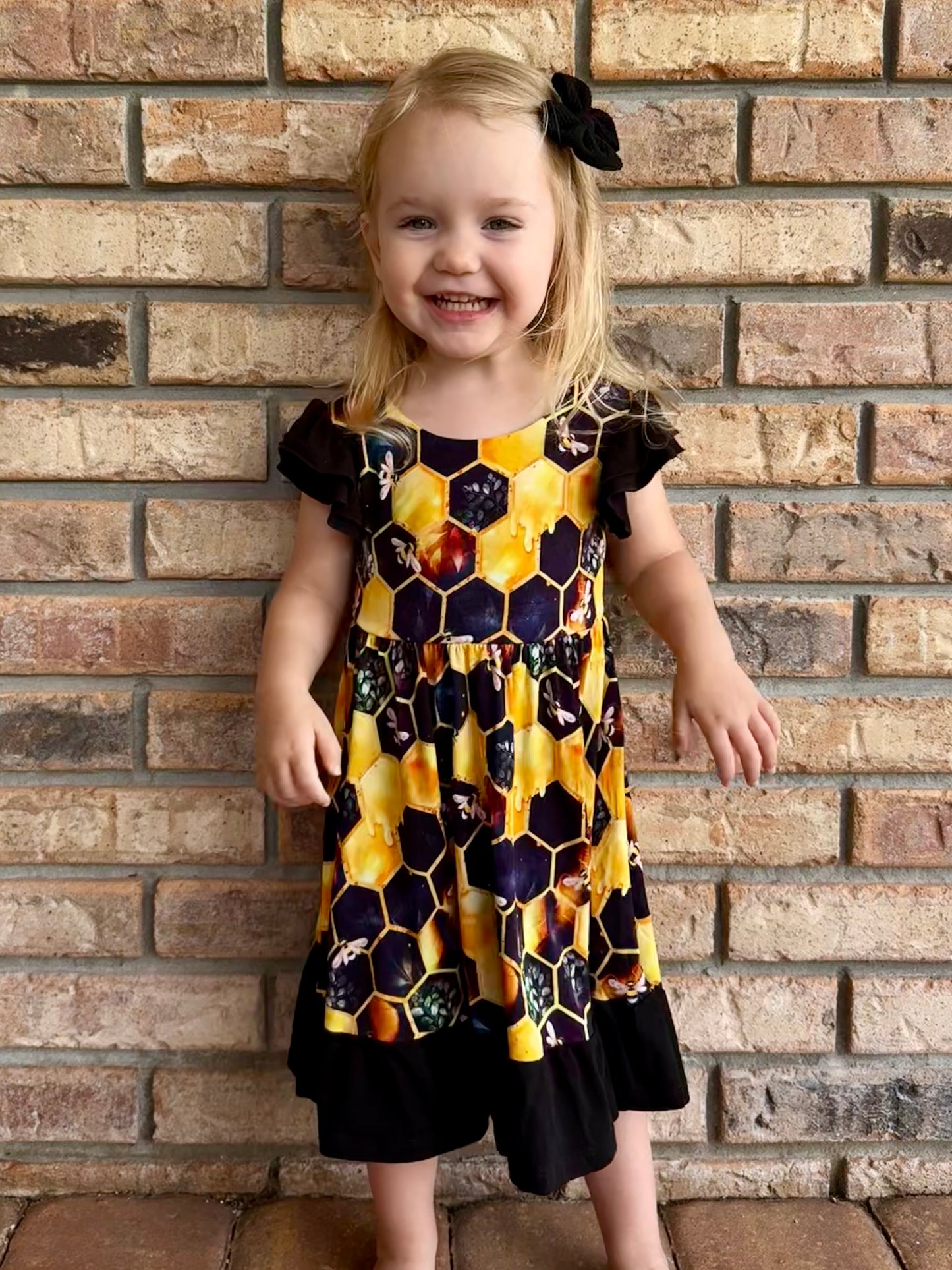 "Bee Happy" Twirl with Bow Back and Biker Shorts Set