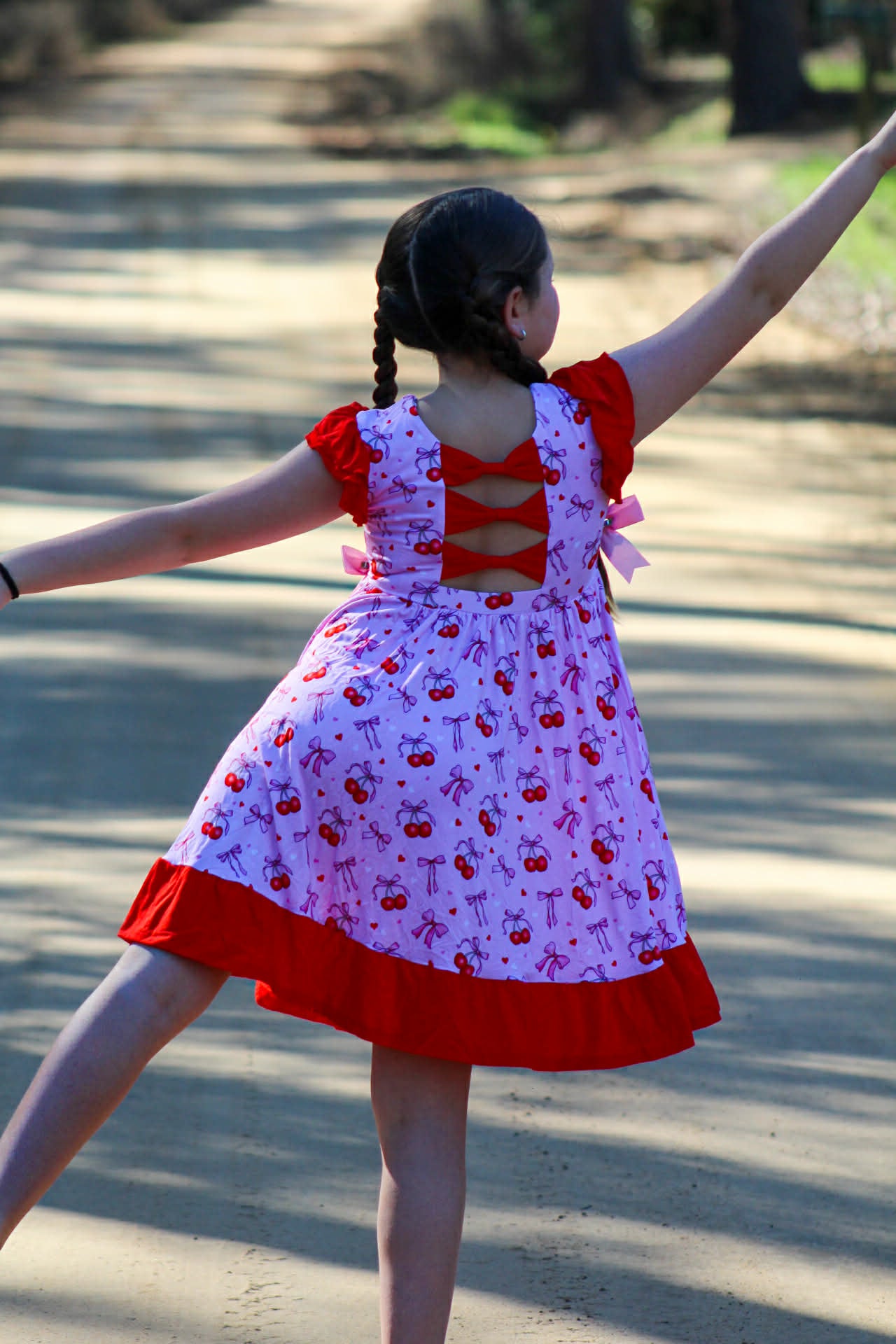 “Cherry Bow Bliss” Twirl with Bow Back and Biker Shorts Set