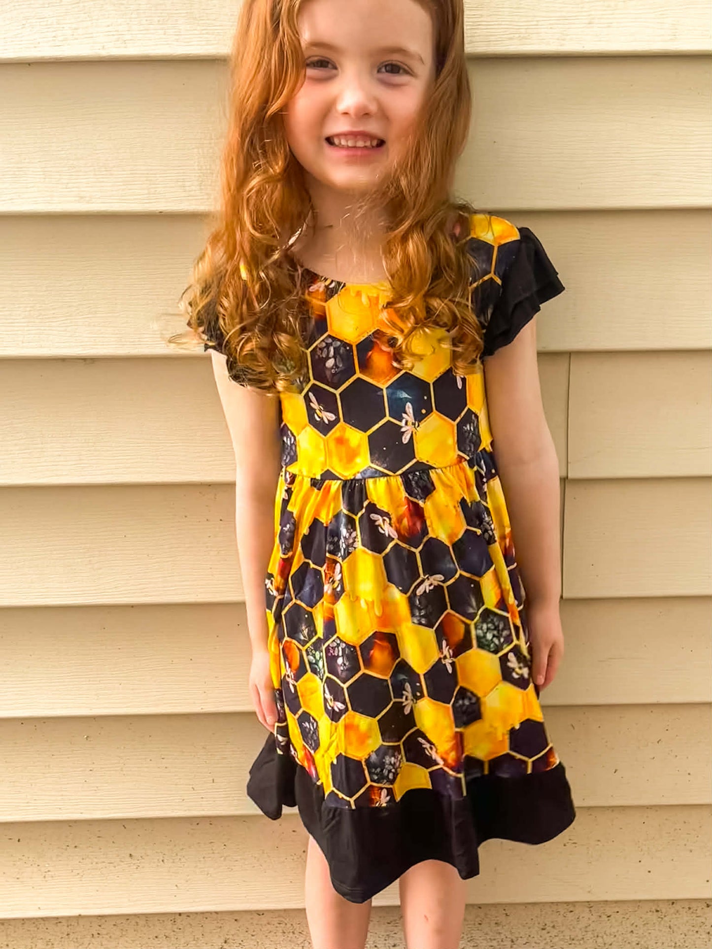 "Bee Happy" Twirl with Bow Back and Biker Shorts Set