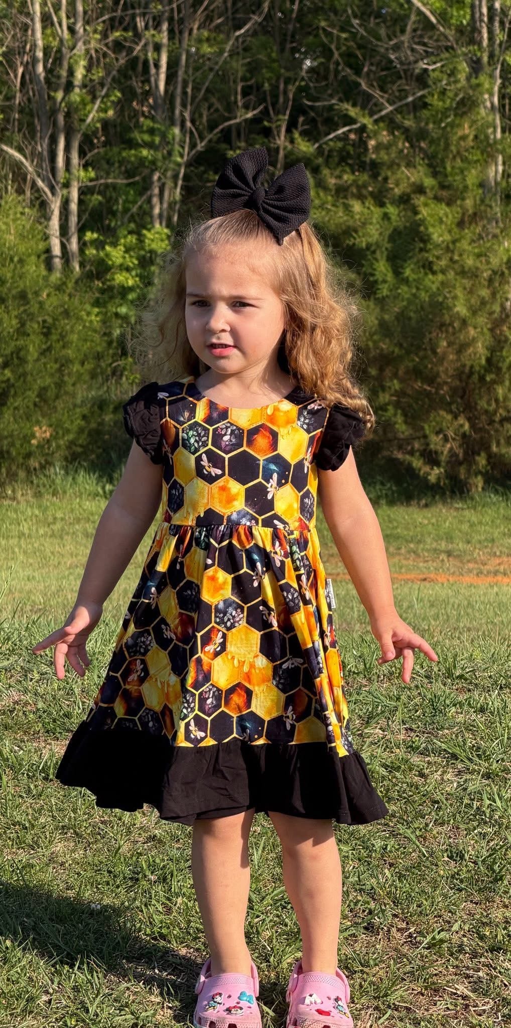 "Bee Happy" Twirl with Bow Back and Biker Shorts Set