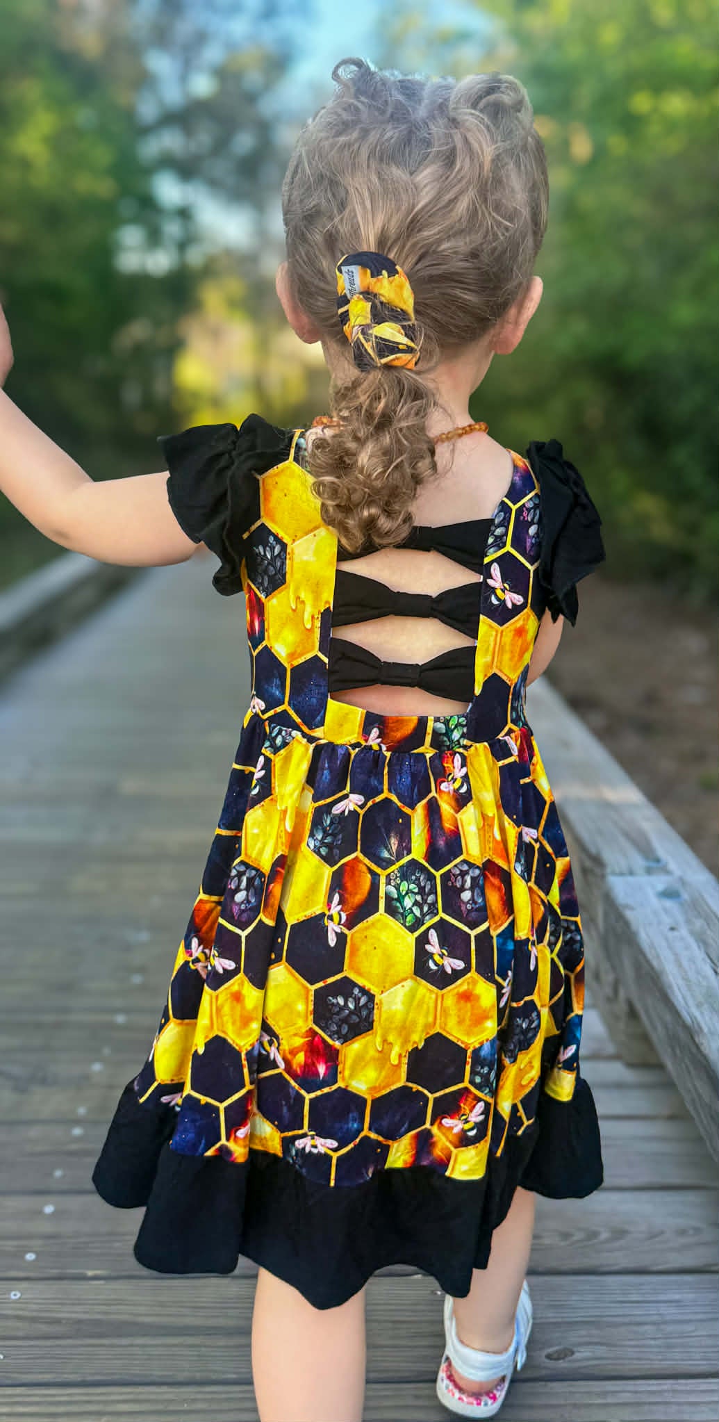 "Bee Happy" Twirl with Bow Back and Biker Shorts Set