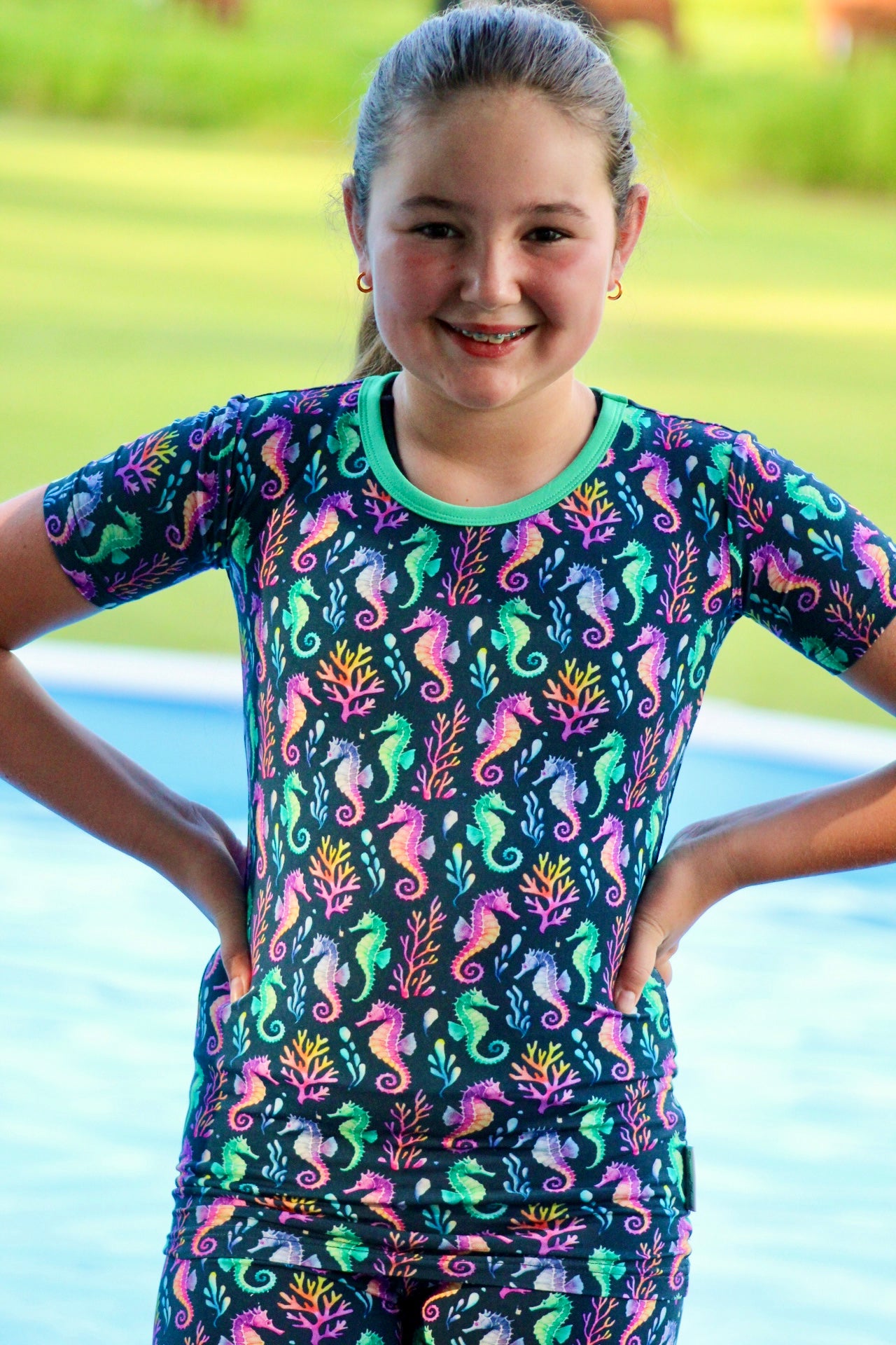 “Seahorse Lagoon” Two-Piece Pajamas Short Sleeved and Shorts