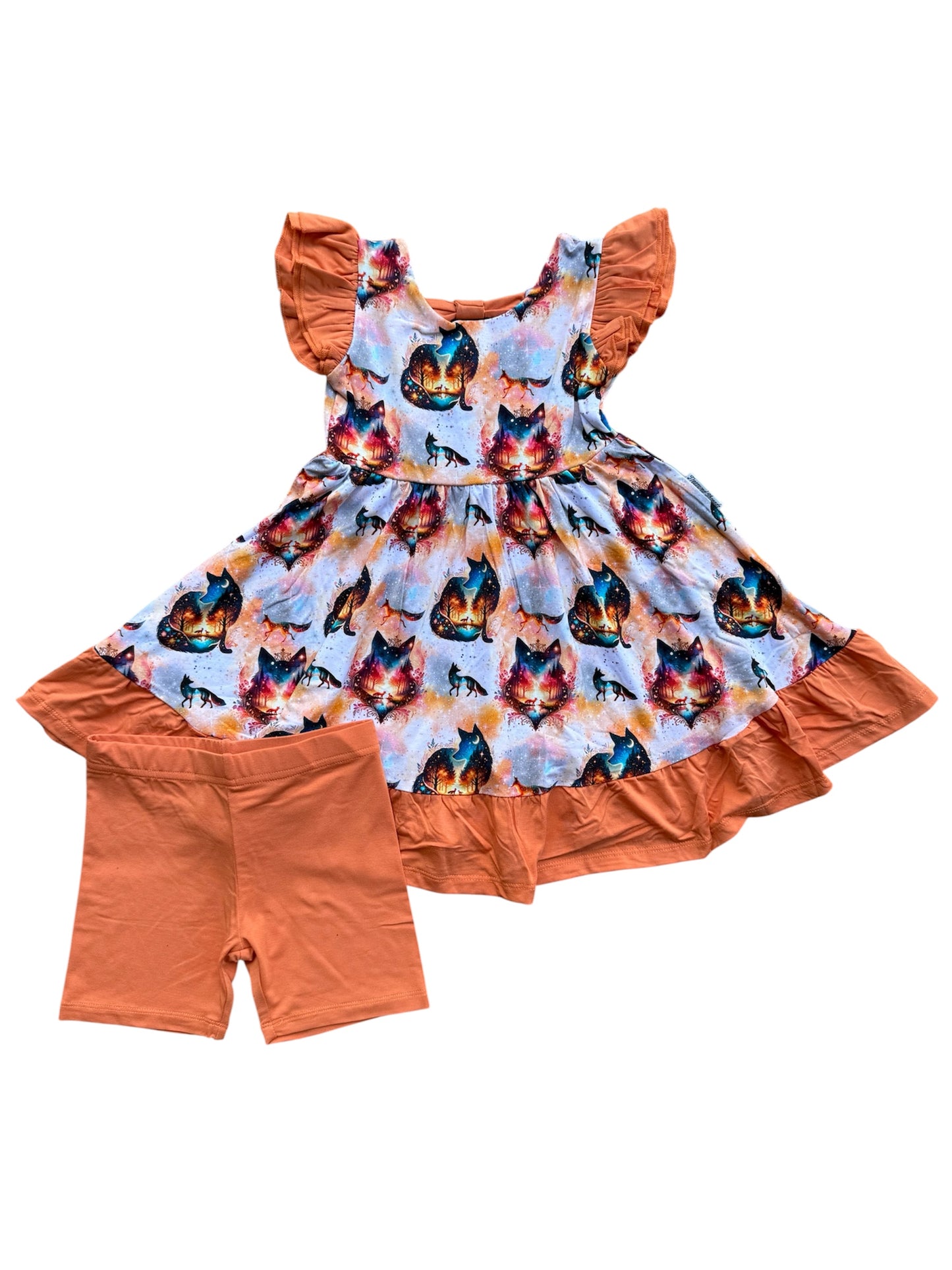 “Whimsical Foxes” Twirl with Bow Back and Biker Shorts Set