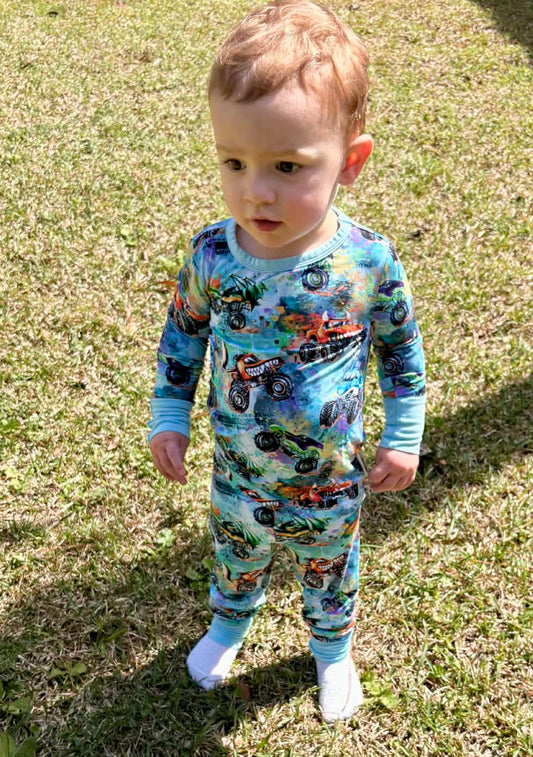 “Monster Truck Mayhem” Long Sleeved Two-Piece Pajamas