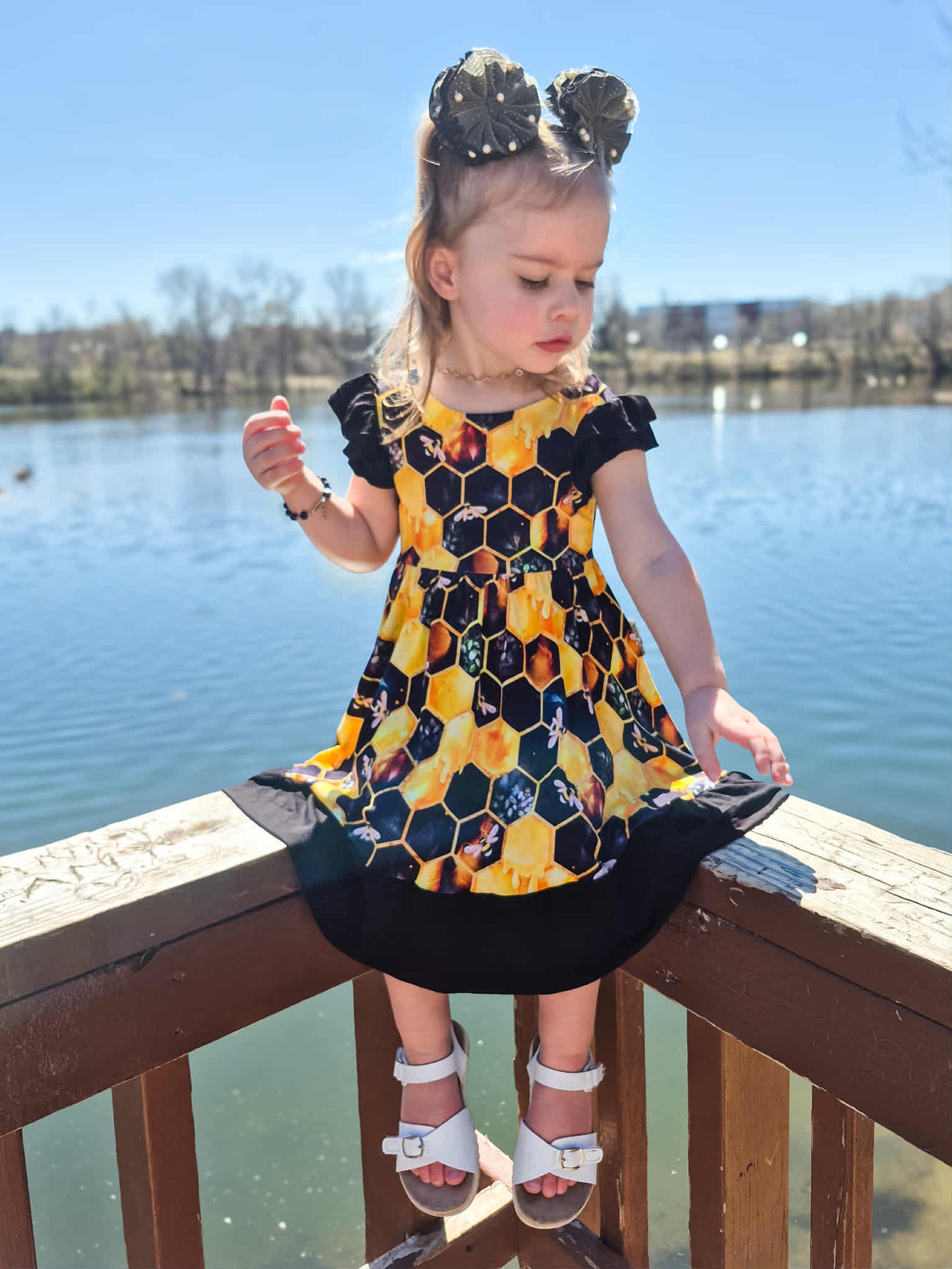 "Bee Happy" Twirl with Bow Back and Biker Shorts Set