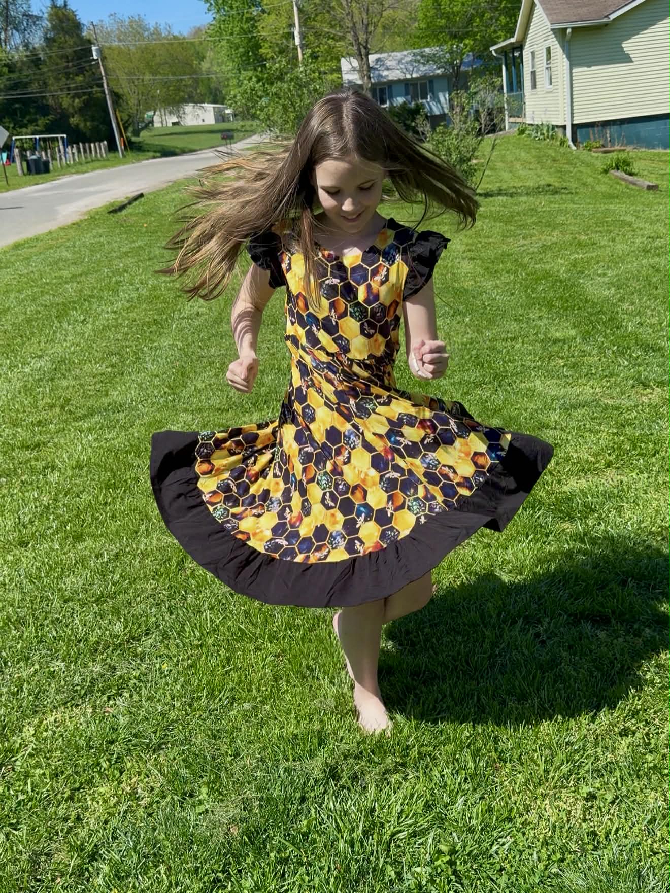 "Bee Happy" Twirl with Bow Back and Biker Shorts Set