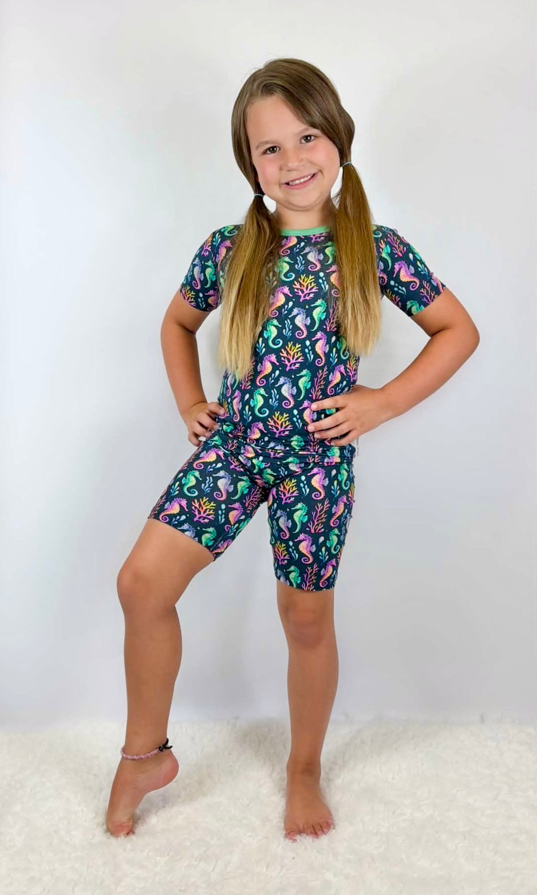“Seahorse Lagoon” Two-Piece Pajamas Short Sleeved and Shorts