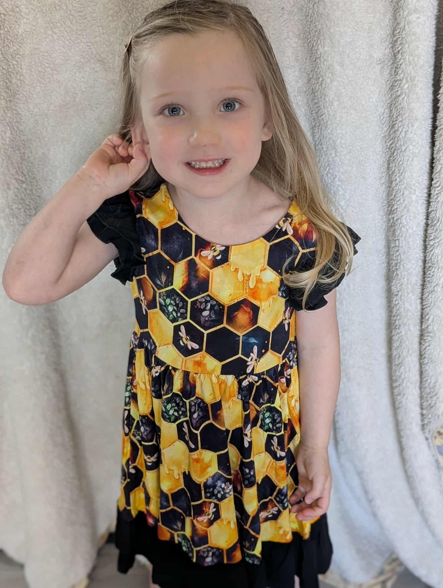 "Bee Happy" Twirl with Bow Back and Biker Shorts Set