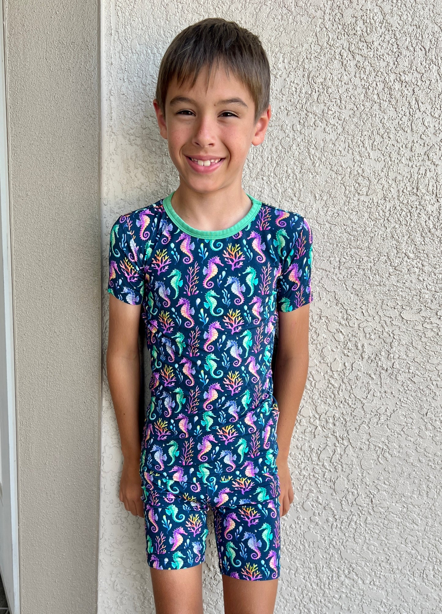 “Seahorse Lagoon” Two-Piece Pajamas Short Sleeved and Shorts