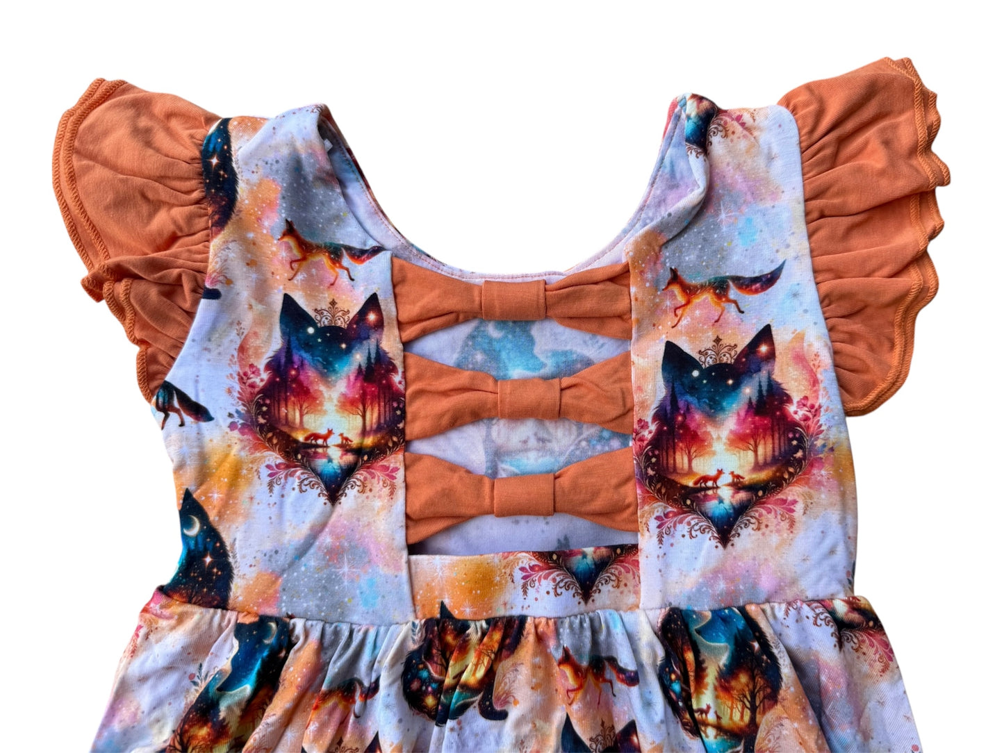 “Whimsical Foxes” Twirl with Bow Back and Biker Shorts Set