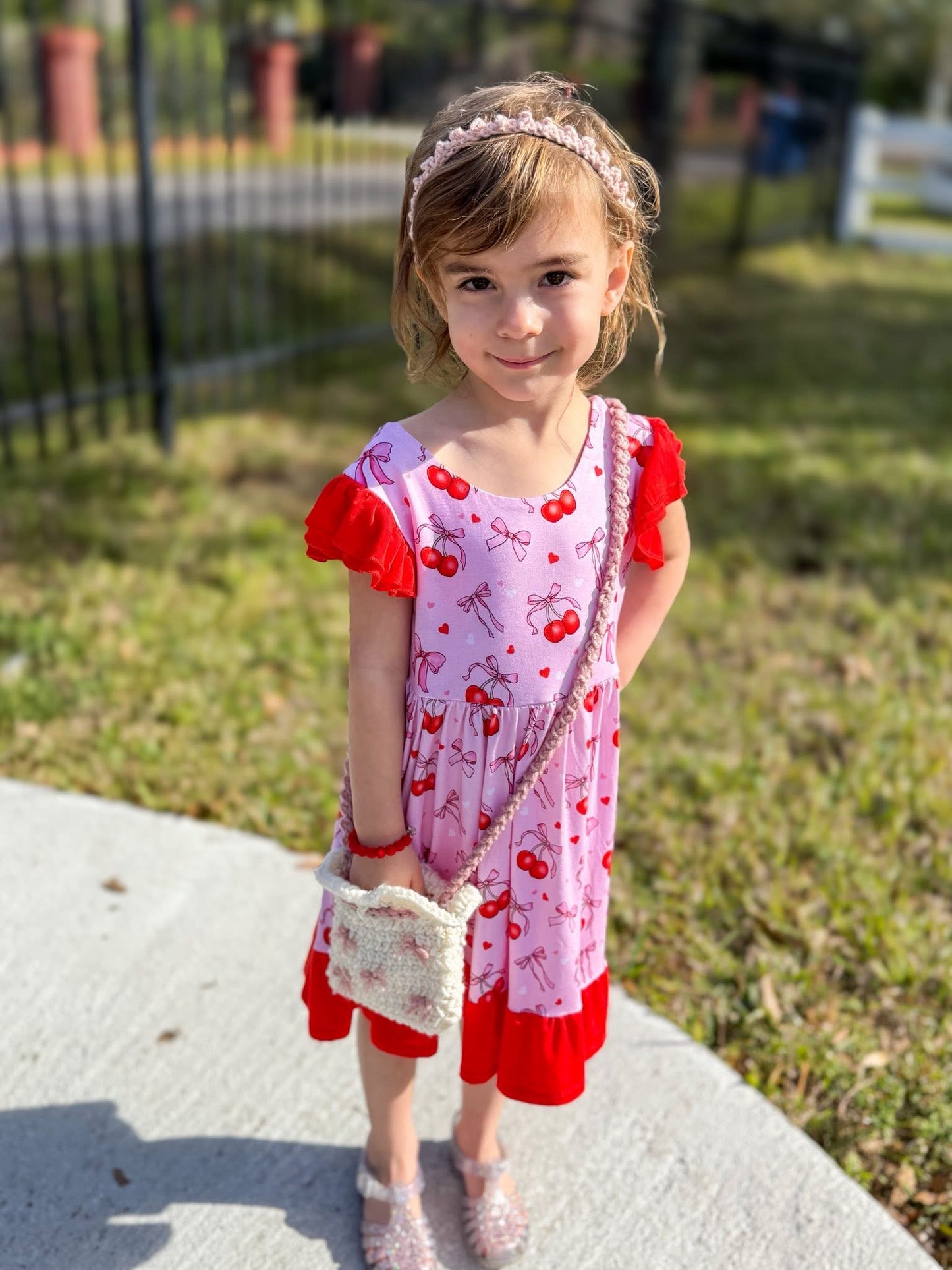 “Cherry Bow Bliss” Twirl with Bow Back and Biker Shorts Set