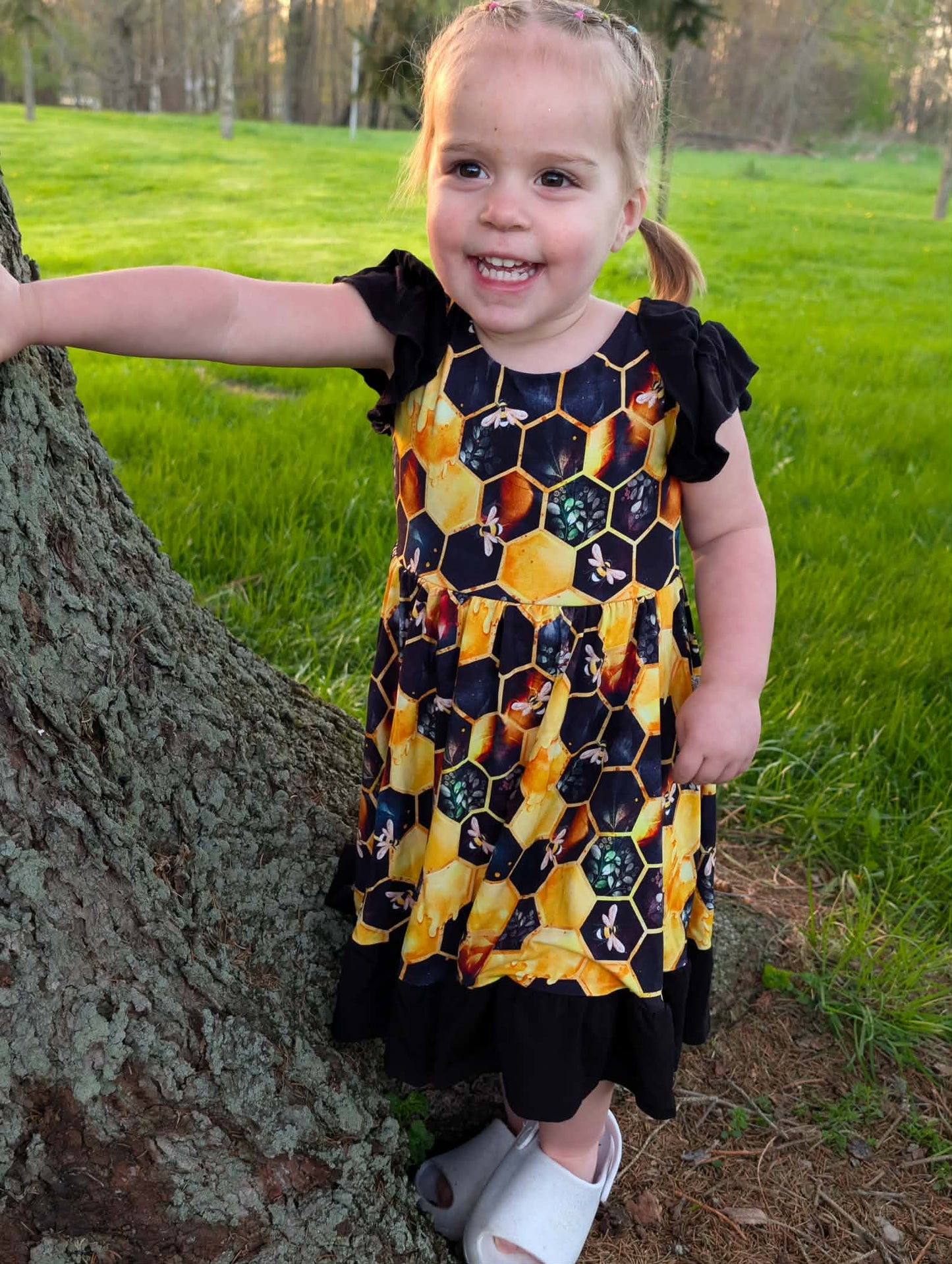 "Bee Happy" Twirl with Bow Back and Biker Shorts Set