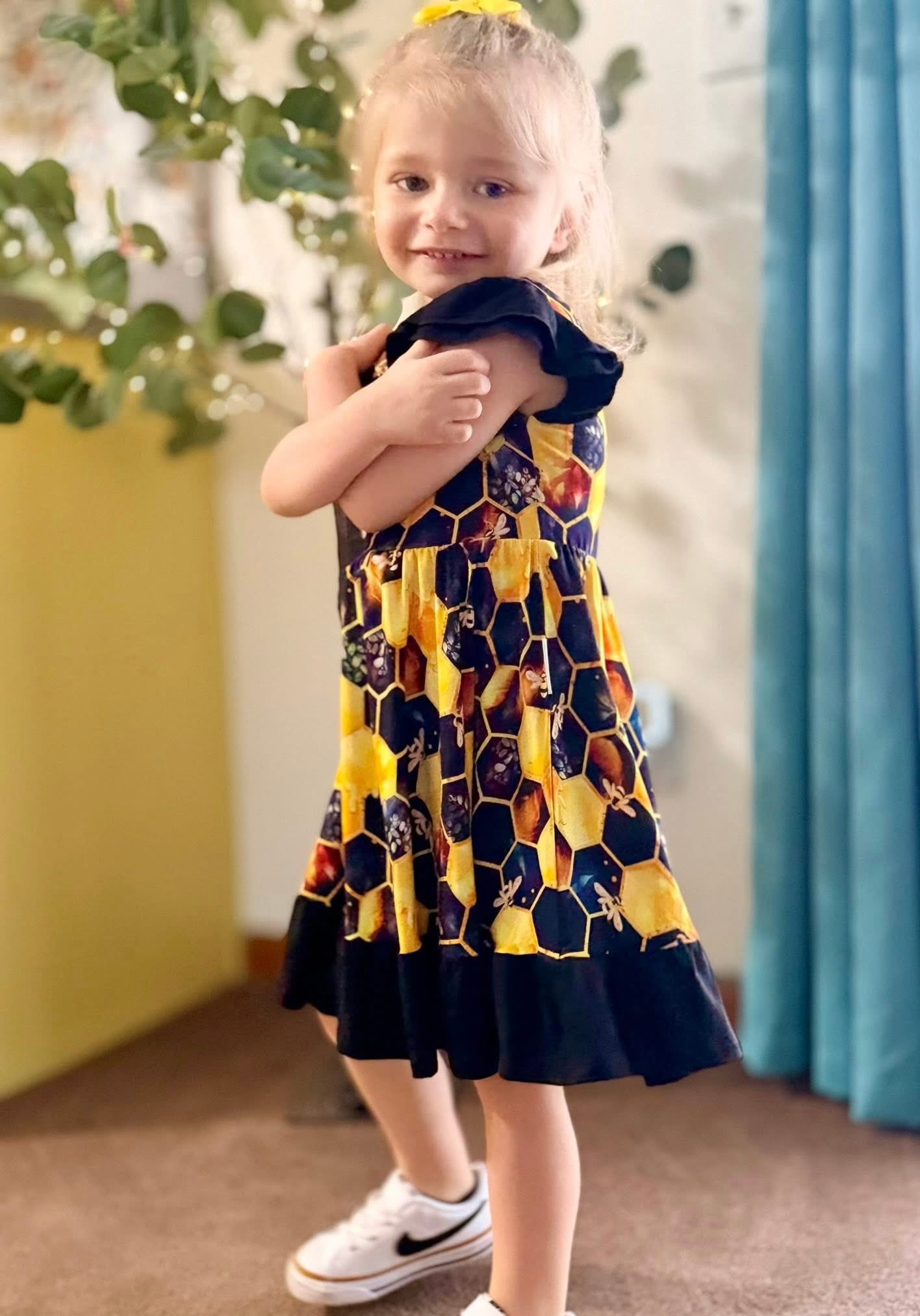 "Bee Happy" Twirl with Bow Back and Biker Shorts Set
