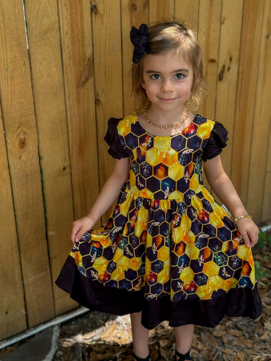 "Bee Happy" Twirl with Bow Back and Biker Shorts Set