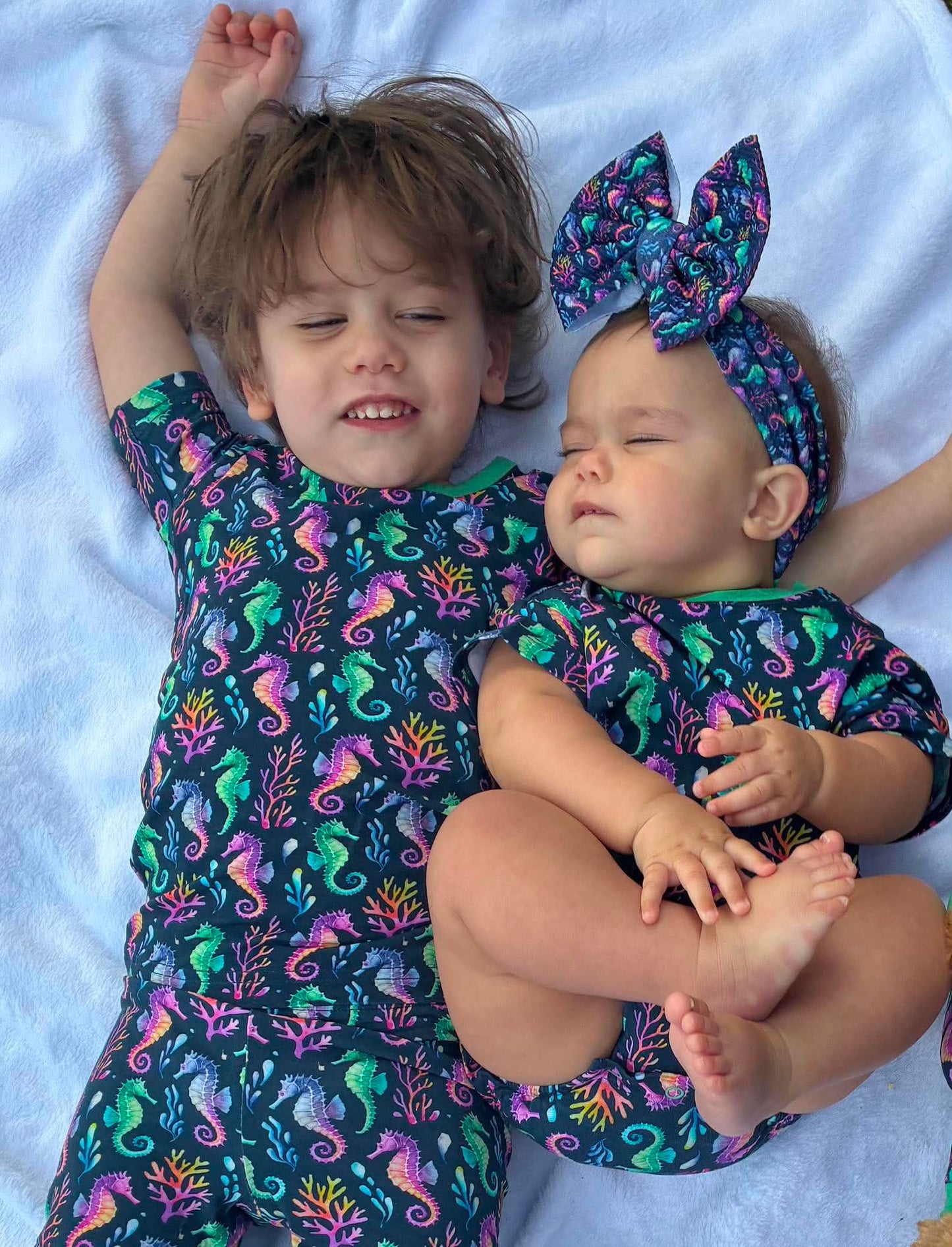 “Seahorse Lagoon” Two-Piece Pajamas Short Sleeved and Shorts