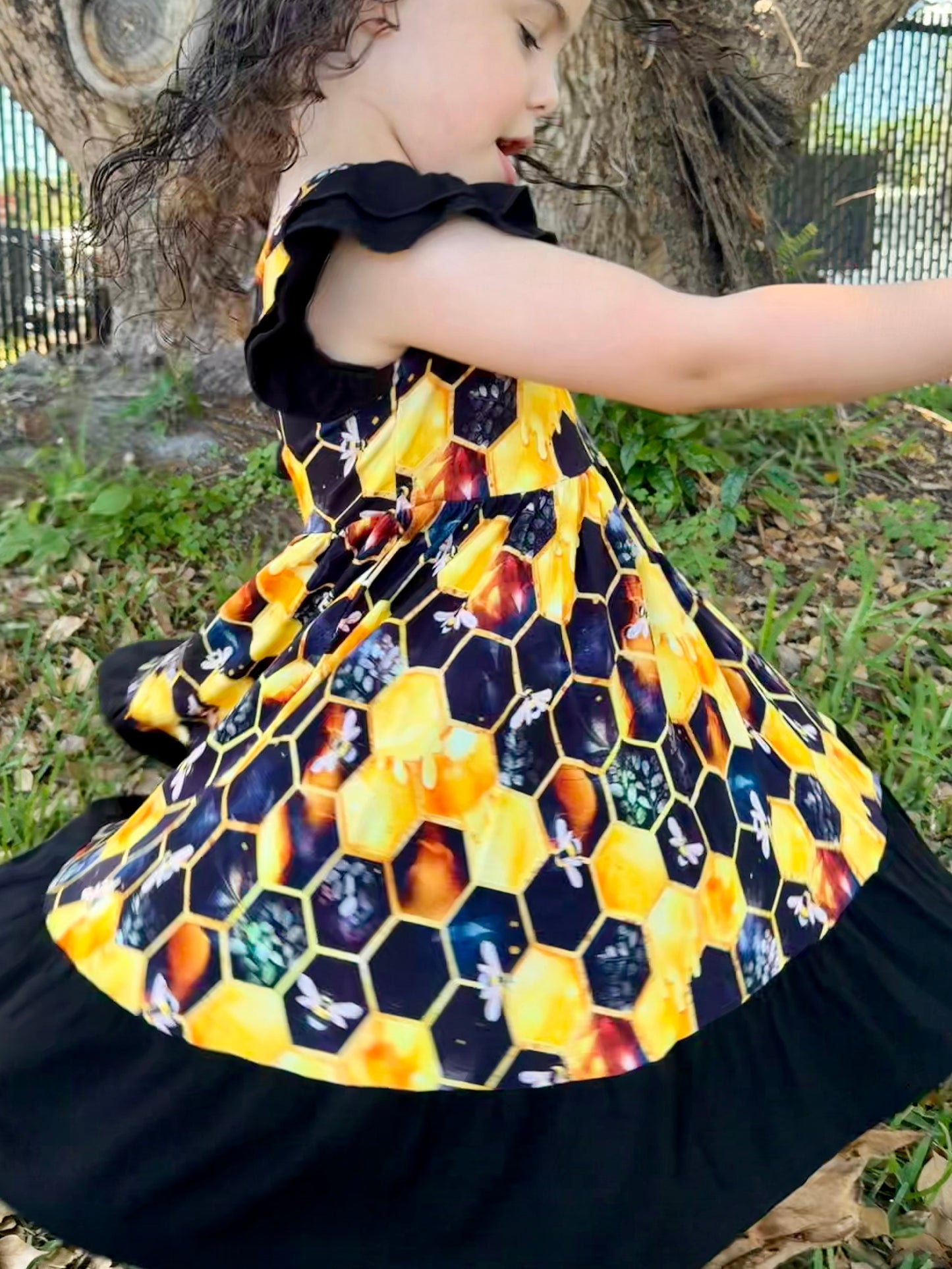 "Bee Happy" Twirl with Bow Back and Biker Shorts Set