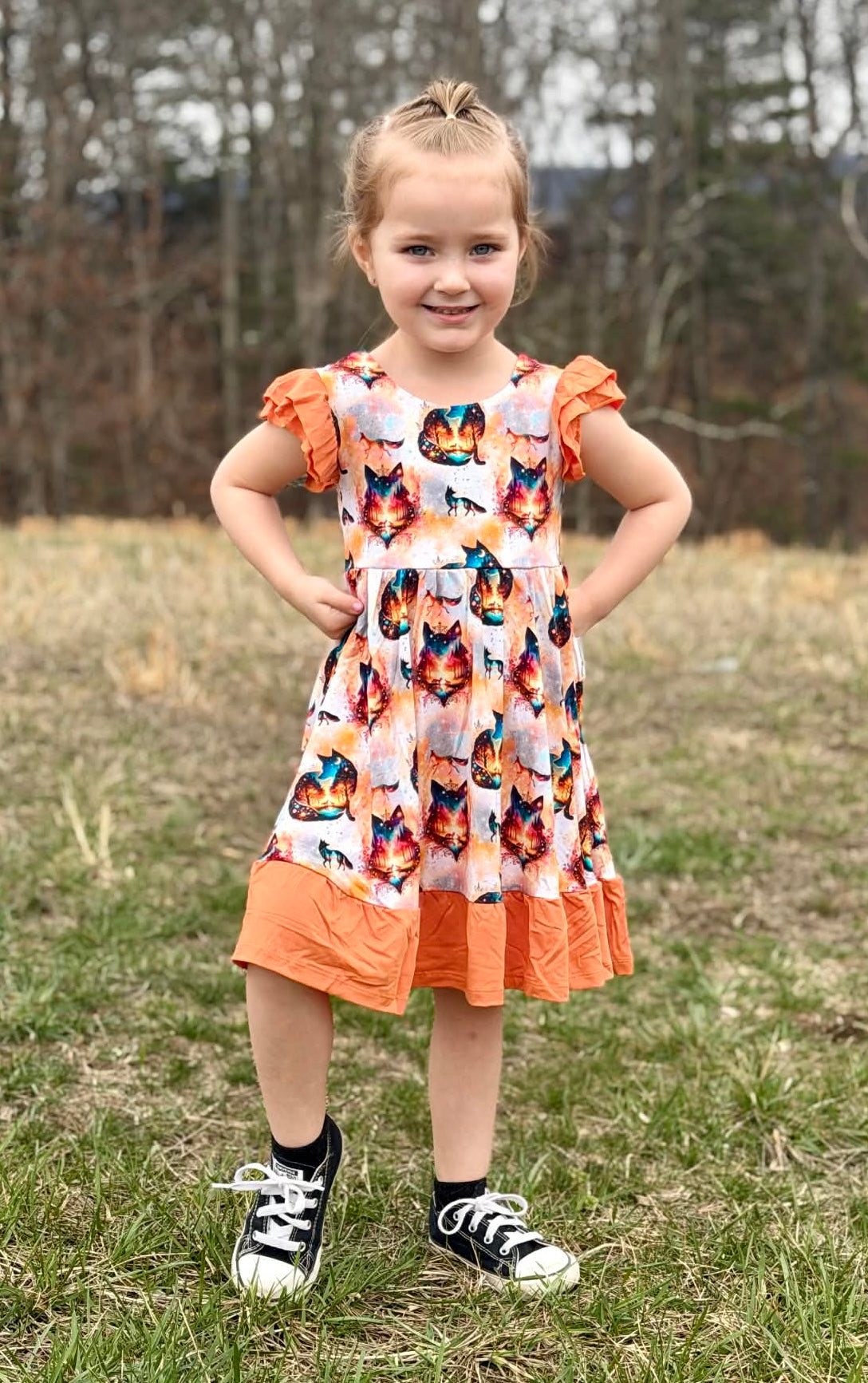 “Whimsical Foxes” Twirl with Bow Back and Biker Shorts Set
